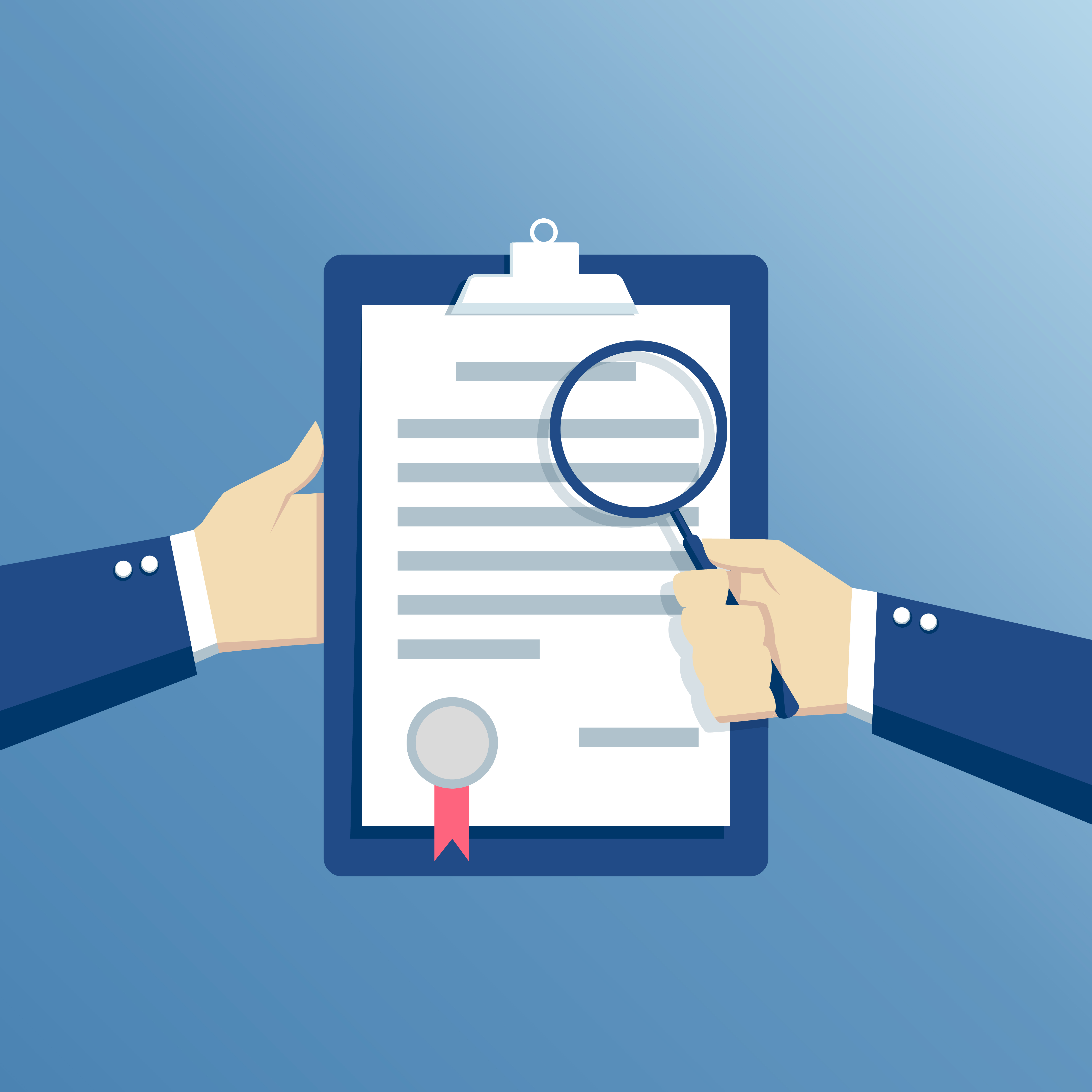 color drawing of paper with some sort of content on clipbosard and ribbon as though it's a contract, with one person's hand holding it and the other examining it with a magnifyiing glass