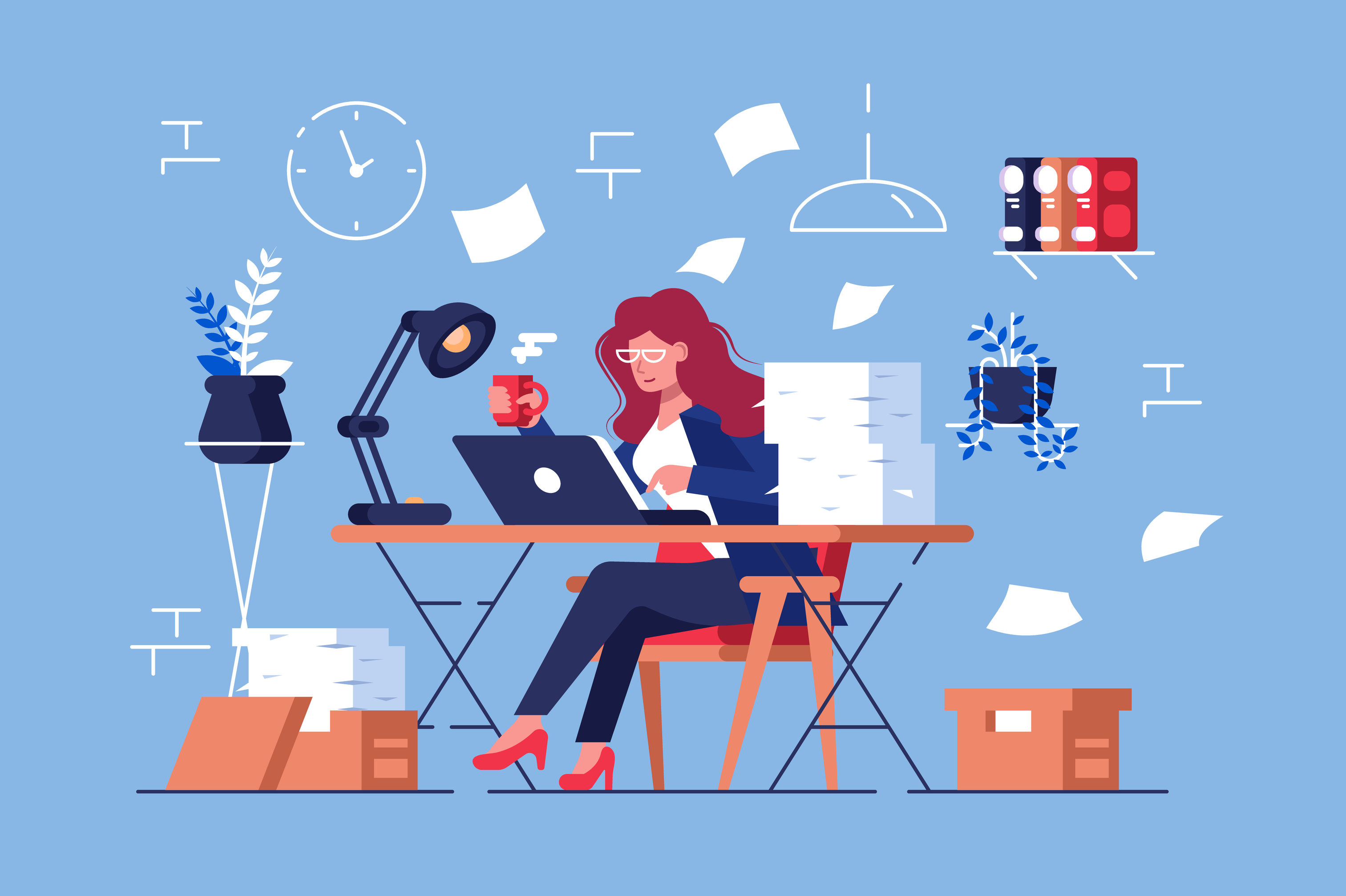 Illustration of women at desk, papers flying, file boxes nearby, clock in back, drinking coffee in cup in one hand and typing with other hand, as though very busy.
