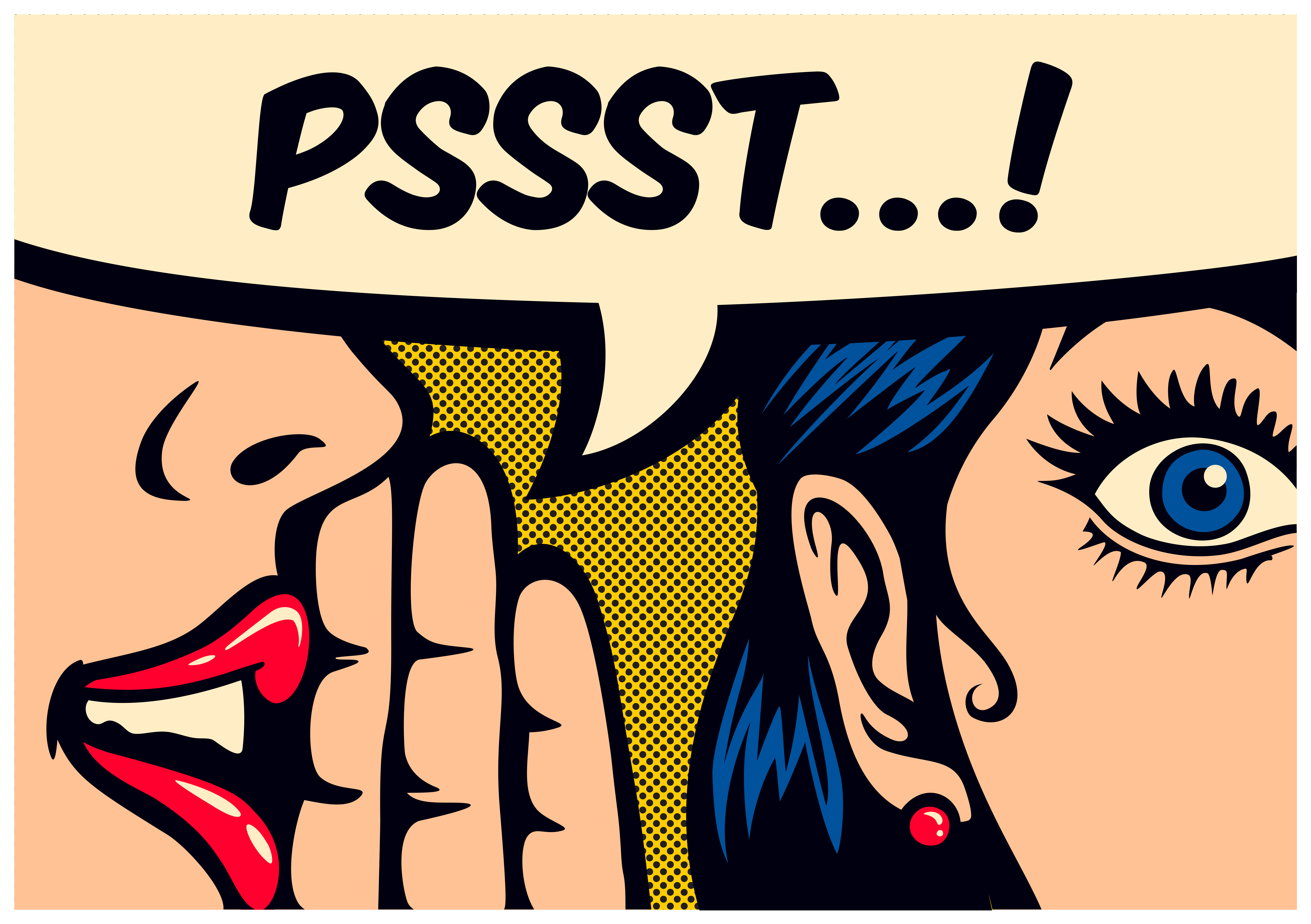 cartoon-like illustration of someone whispering in someone else's ear, appears white, with bubble saying "pssst!"