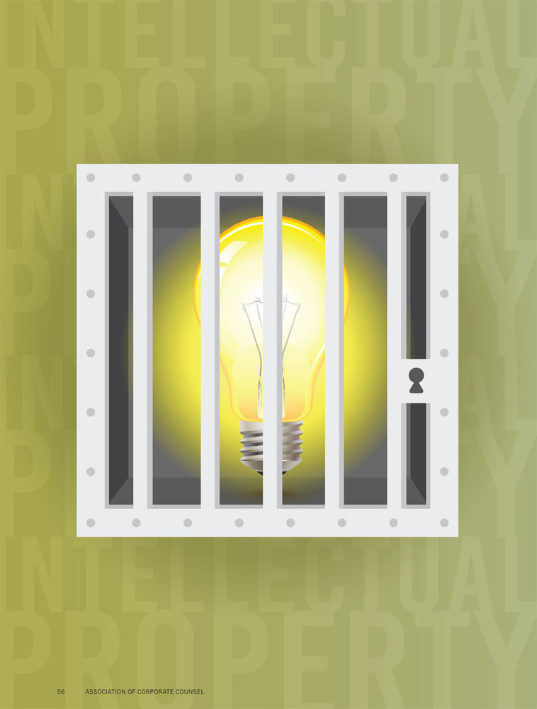 a lightbulb behind a locked door. surrounded by the words intellectual property