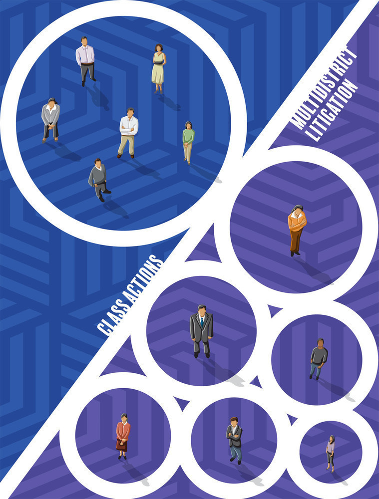 multidistrict litigation, where multiple people are in individual circles. versus class actions, where multiple people are in one big circle