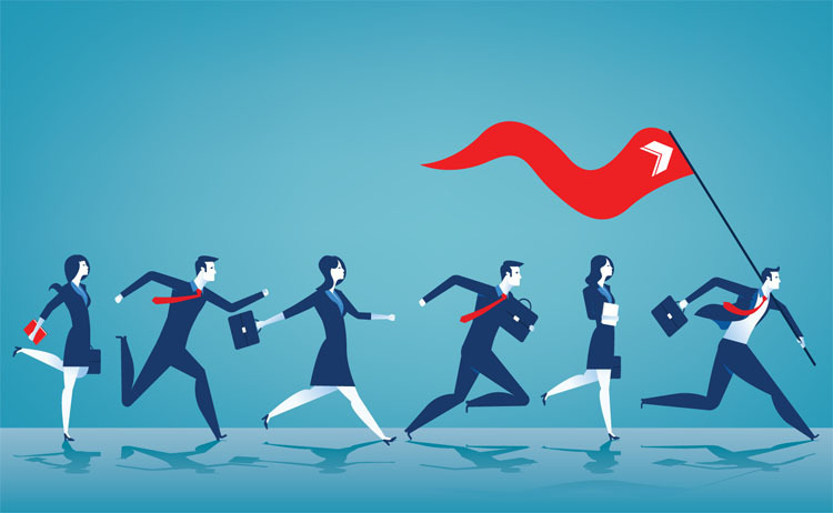 Several businesspeople following a leader with a large red flag