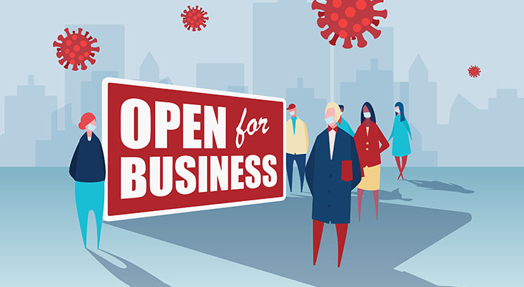 an open for business sign. several people in masks and large virus cells surround the sign