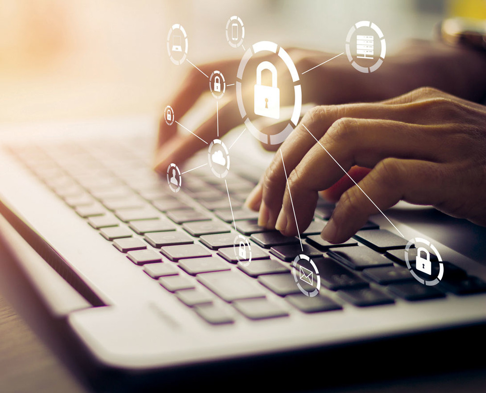 finger typing on a computer keyboard. lock symbols are shown