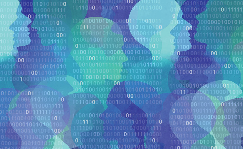 Silhouettes of heads and binary numbers 