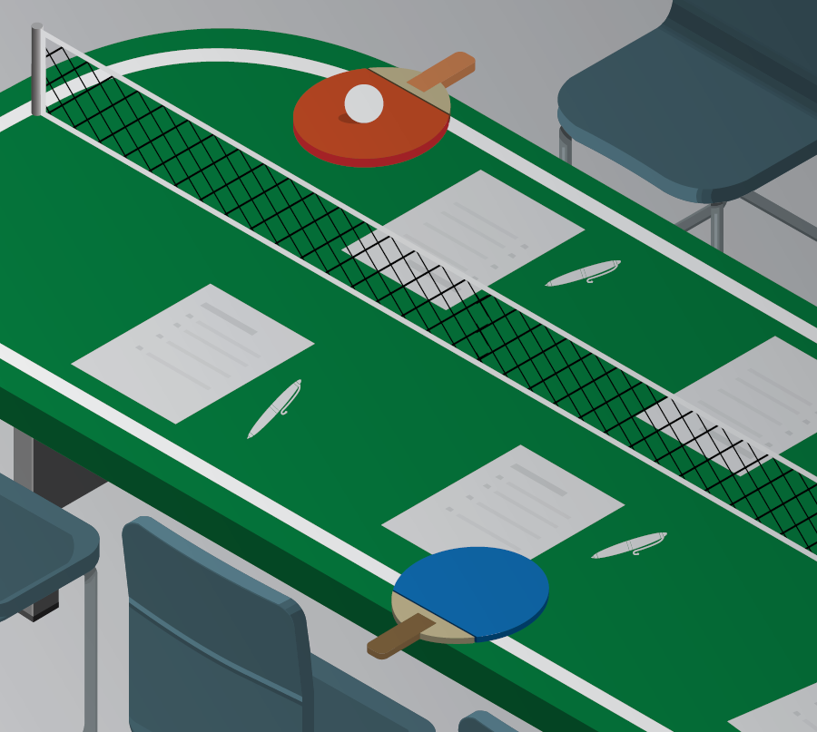 An office table stylized as a ping pong table
