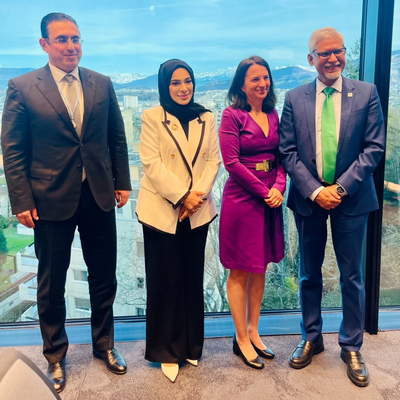 Permanent Representative of Azerbaijan to UN Geneva Vaqif Sadıqov, Lubna Qassim, Permanent Representative of US to UN Geneva Sheba Crocker, and IFRC Secretary General H.E Jagan Chapagain.