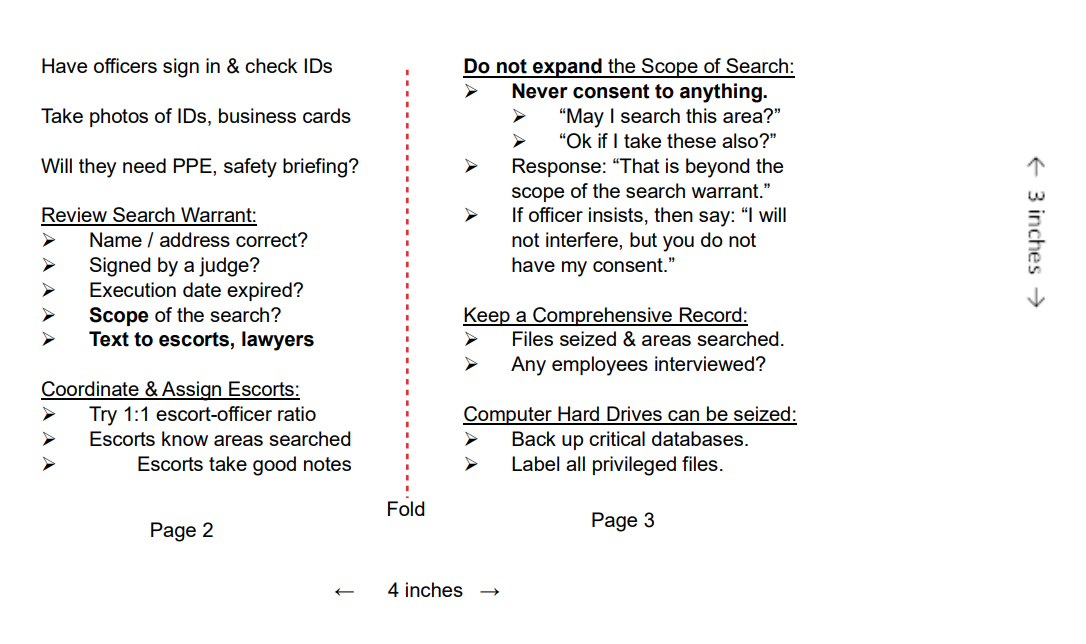 Pocket checklist for responding to a search warrant