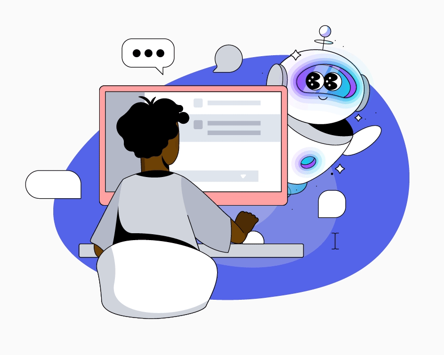 A worker inputting prompts with a robot behind the computer.