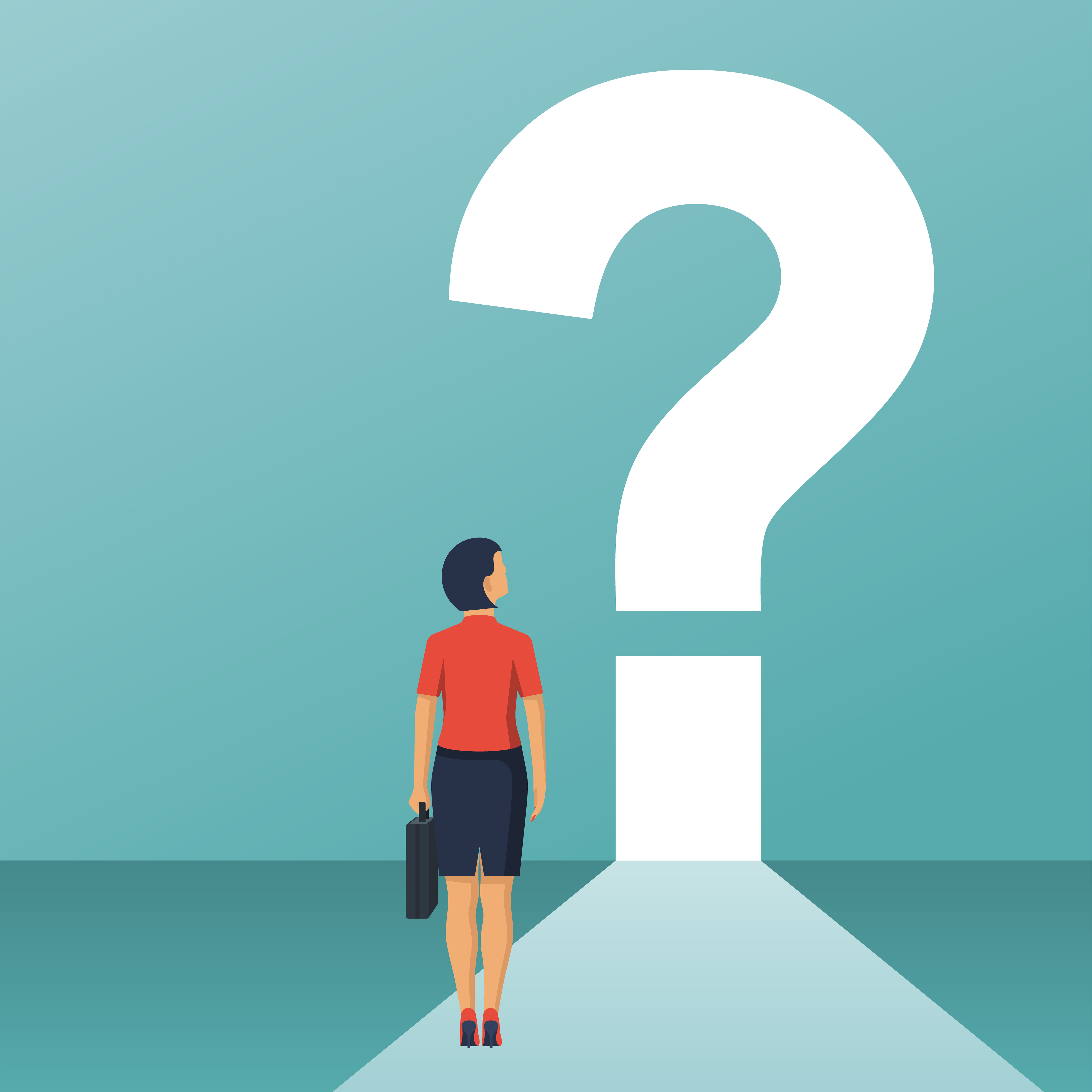 Businesswoman in suit with briefcase standing in front of question mark.