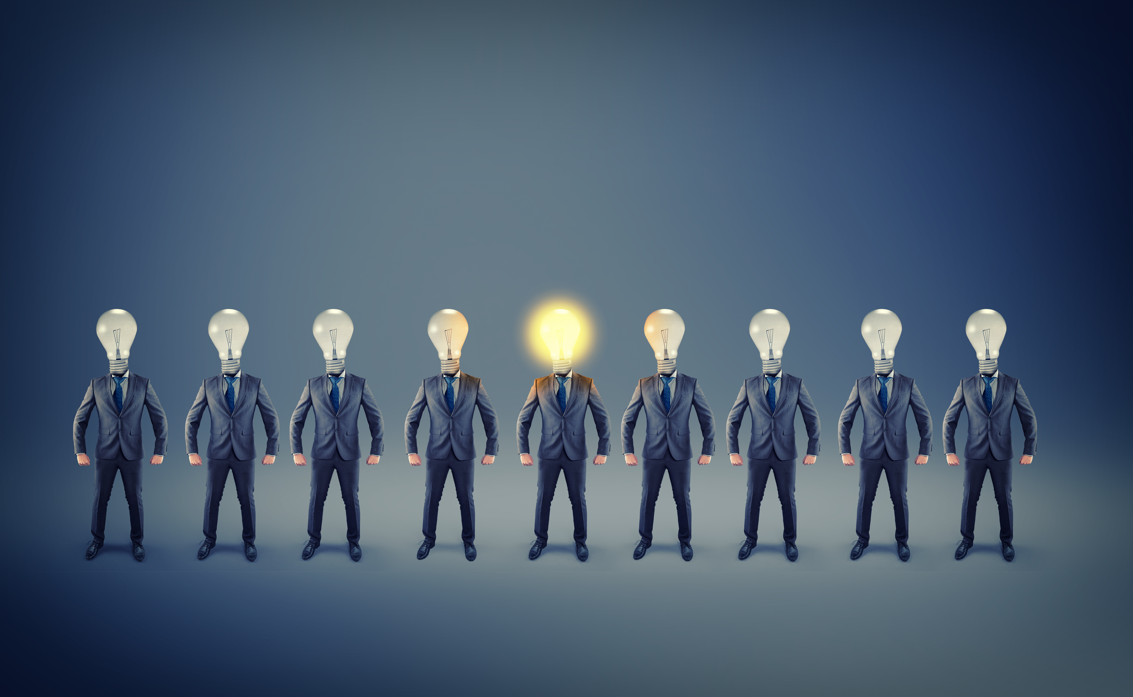 Group of businessman with lightbulbs instead of head. Elite business team .