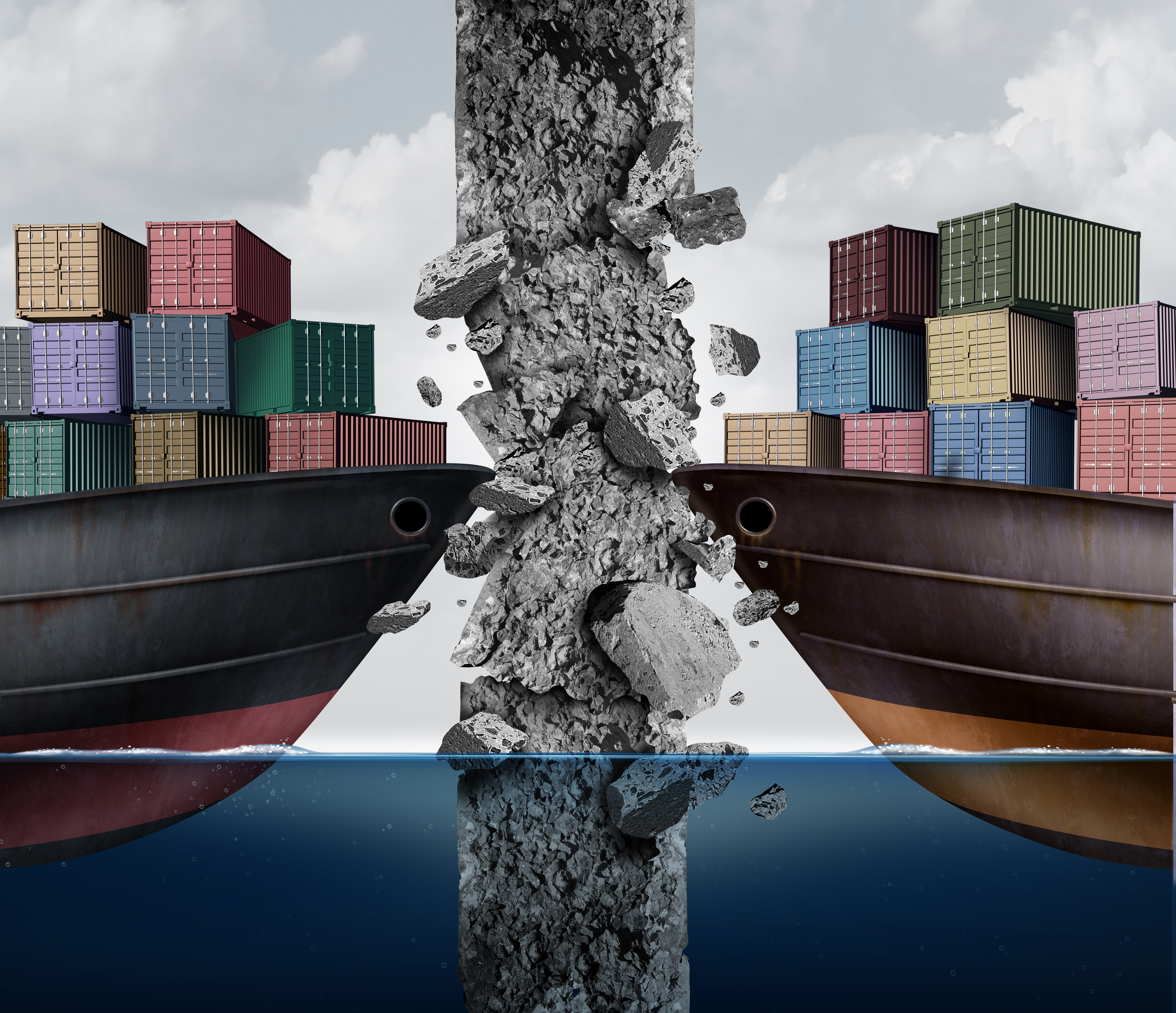 Two cargo ships breaking a cement wall as an import and export business industry.