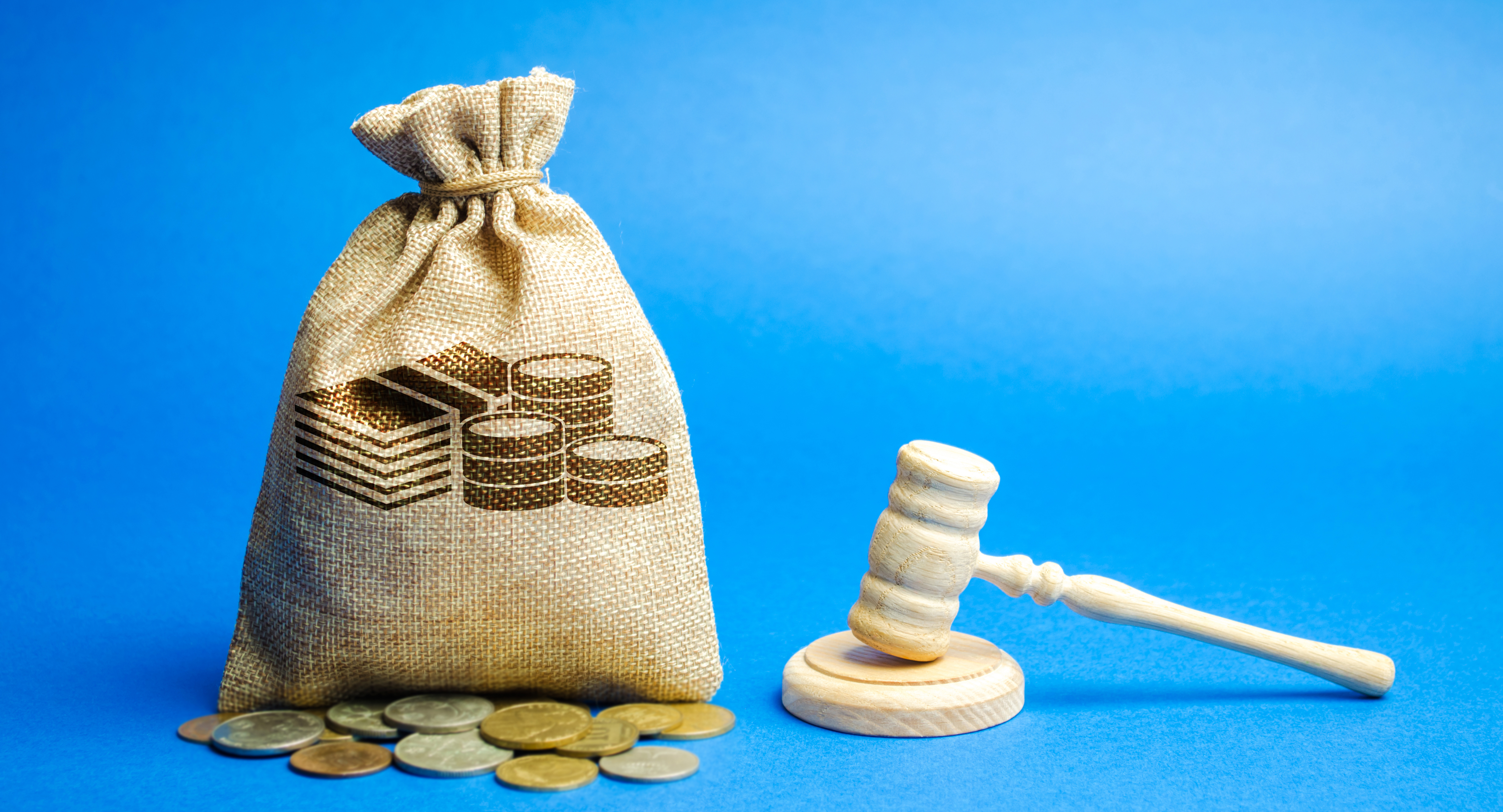 Money bag and judges gavel expressing a fine or penalty.