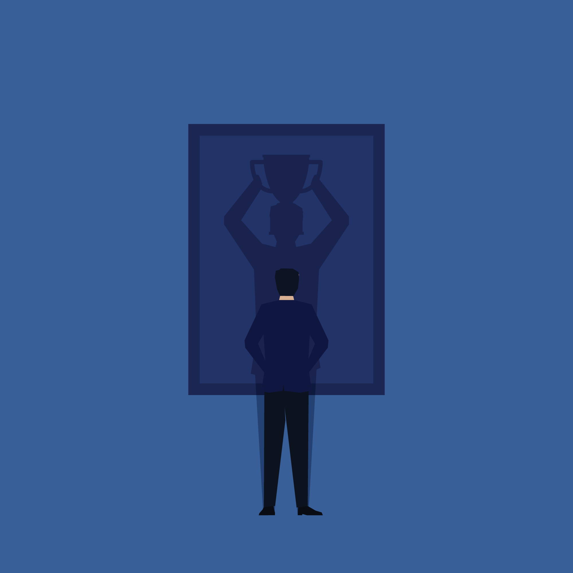 Business flat vector concept man stand and see winner shadow on frame metaphor of self taught and trust.