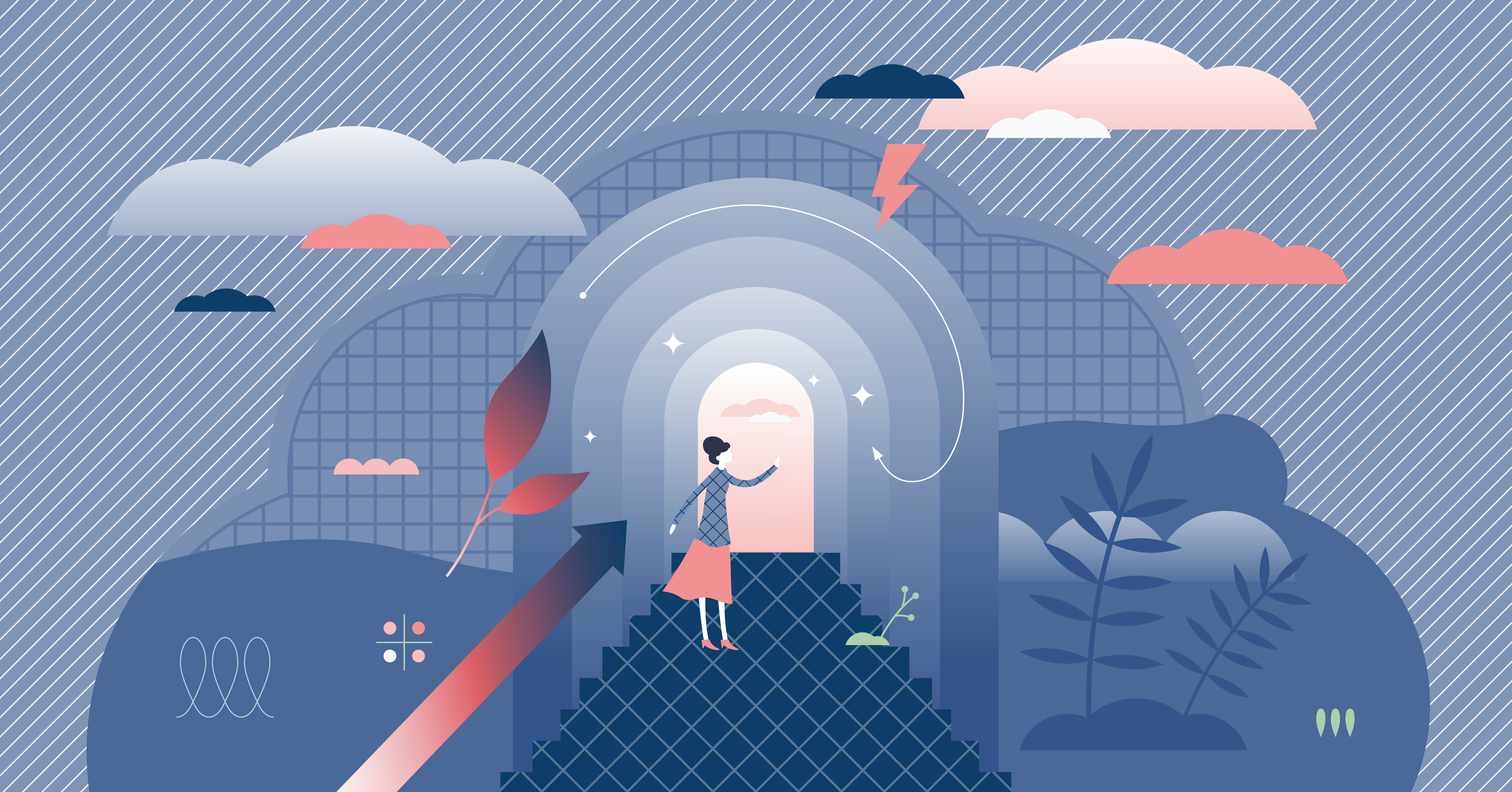 Woman opening the door to opportunity and path to success.