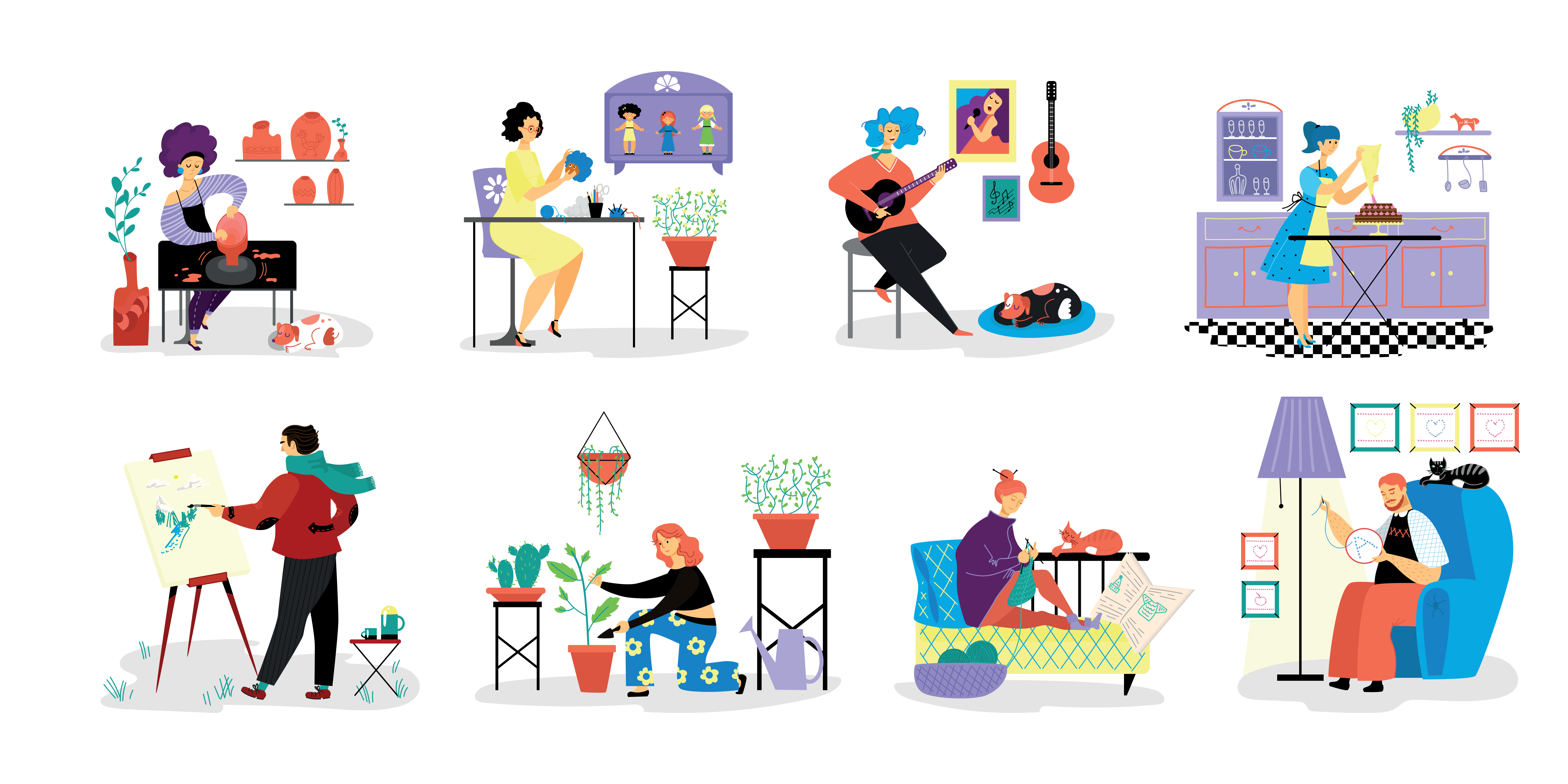 Multiple people partaking in different hobbies. 