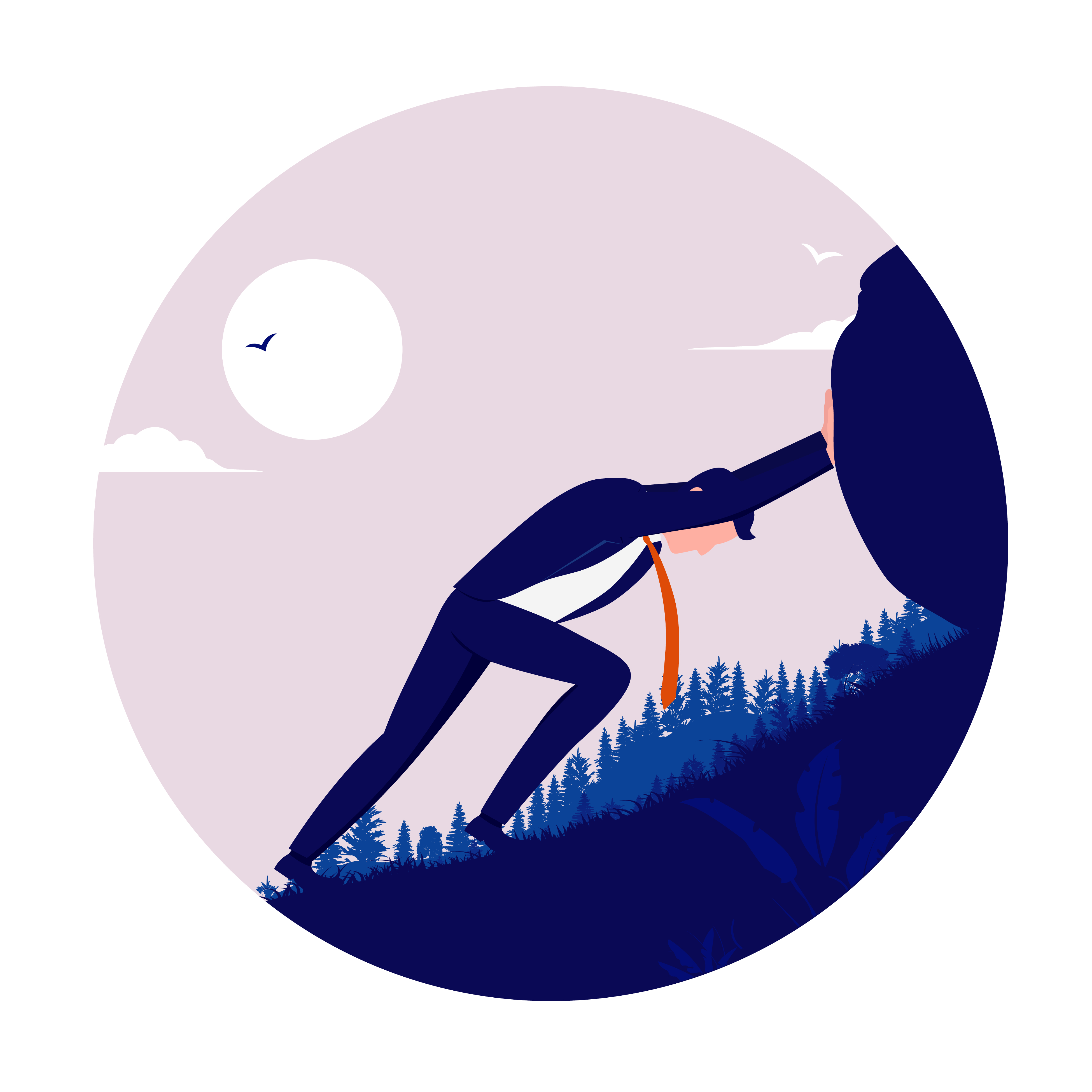 Stubborn business person in corporate outfit pushing a challenging heavy rock uphill.