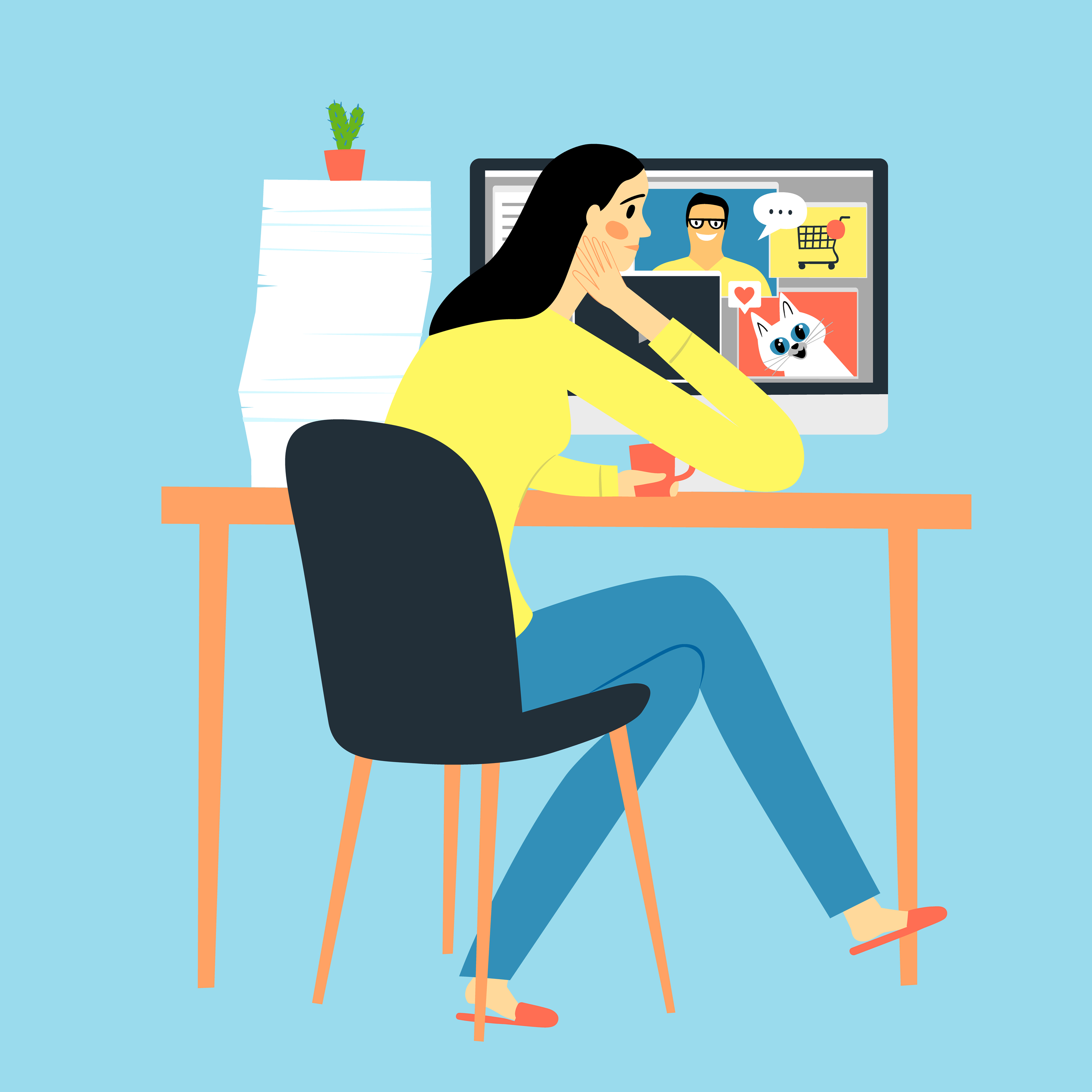 Woman sitting at desk in front of computer distracted by multiple things on screen.