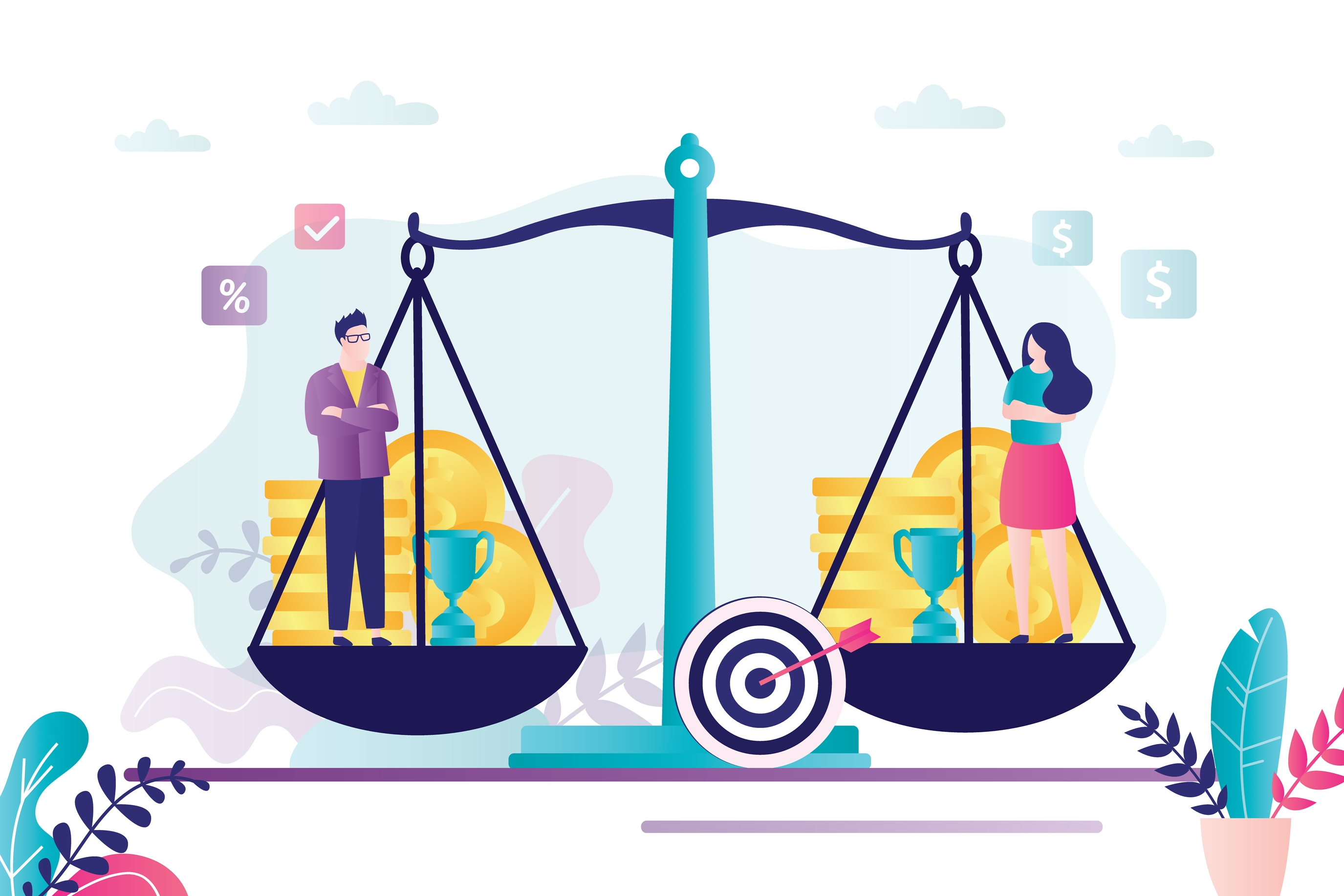 Man and woman stand on scales. Equal rights and opportunities for both genders.