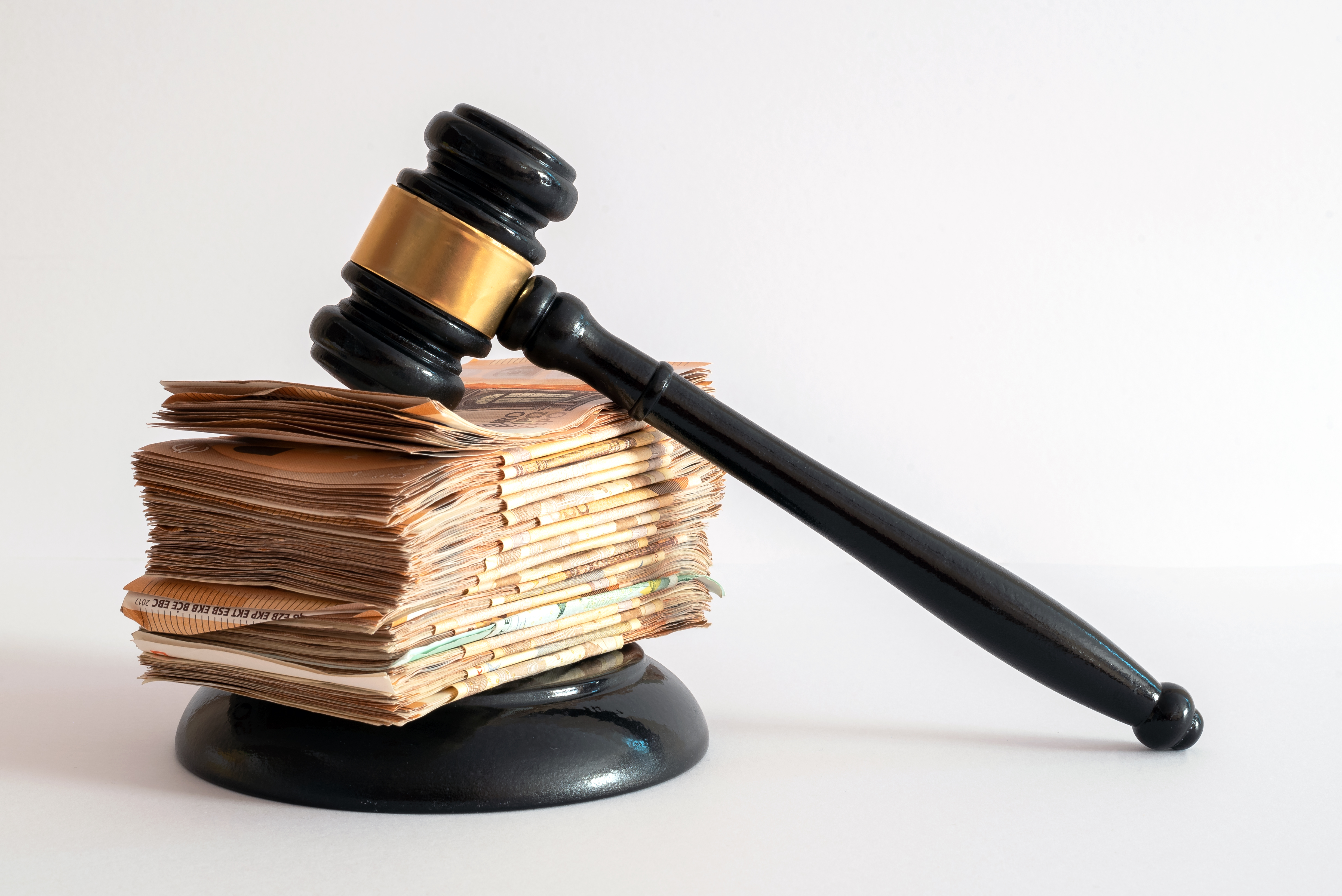 Money lying in between a black gavel.