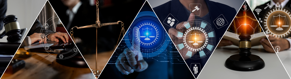 Photo set of Lawyer working with law innovation network icons.