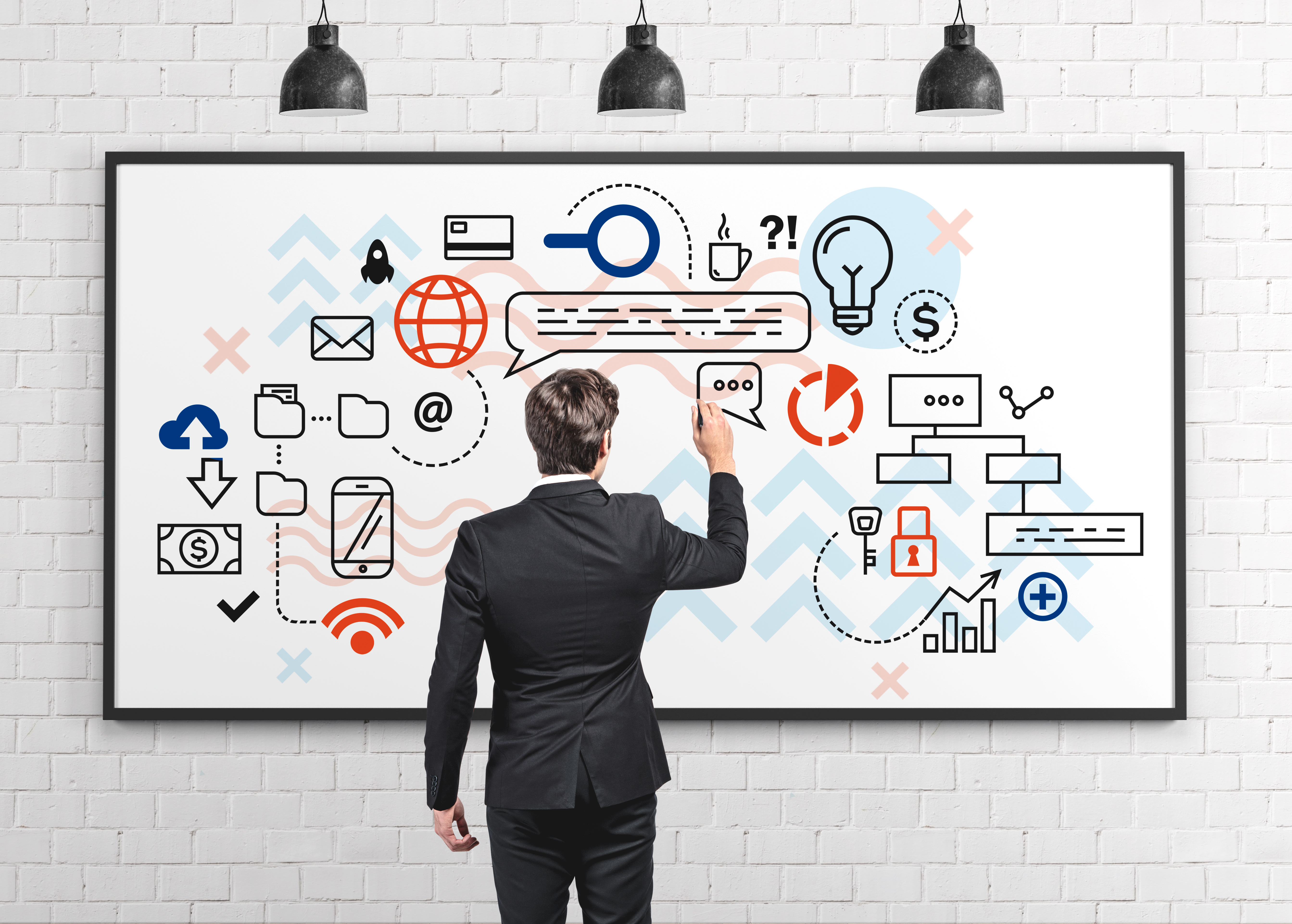 Office man in suit and writing on a poster with digital icons on brick wall. Sketch set of business process.