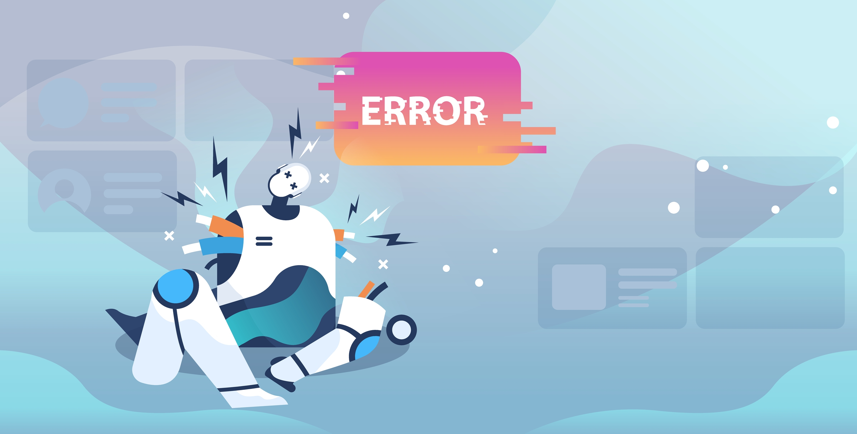 Broken robot showing error artificial intelligence failures overloaded.