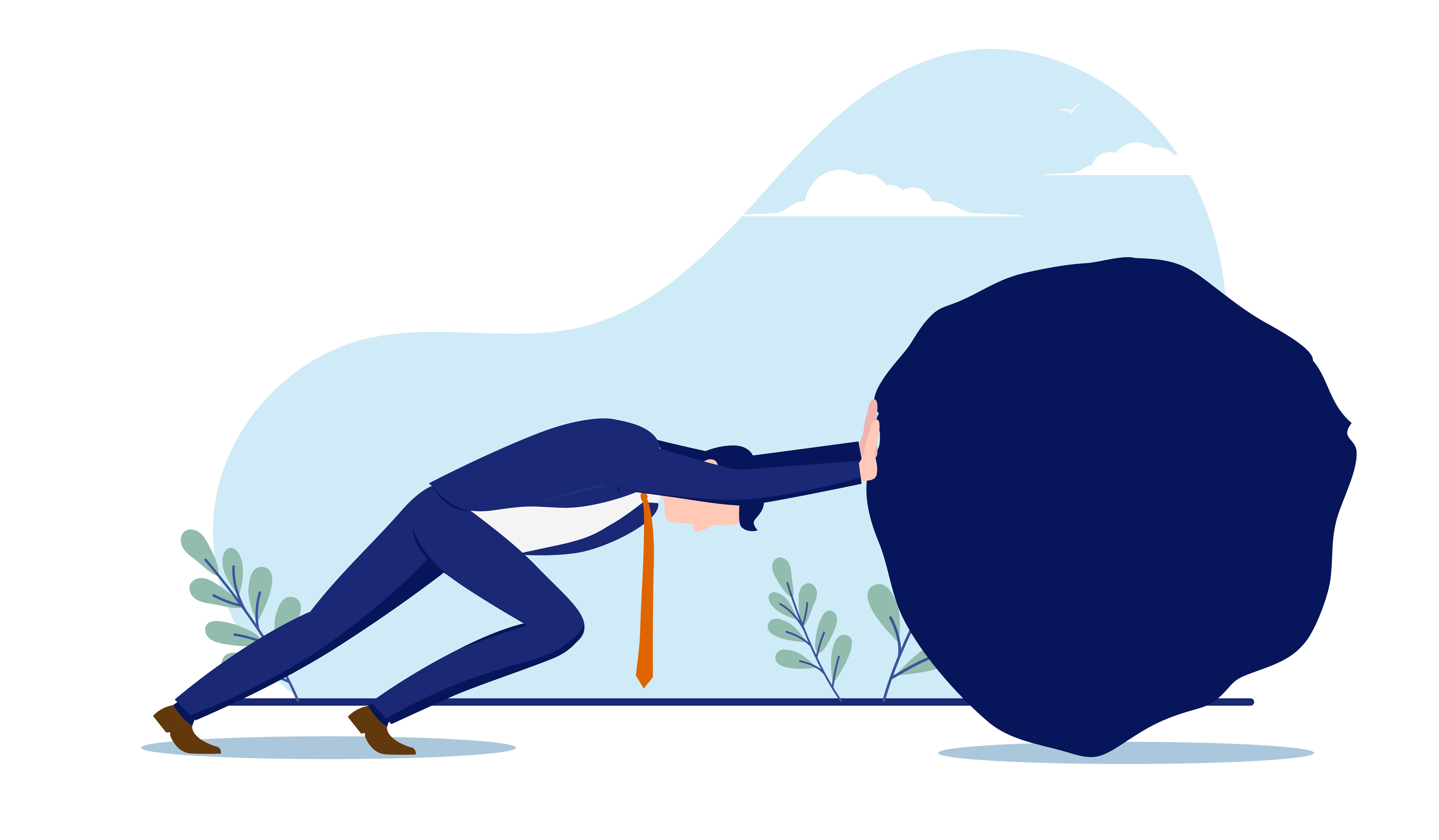 Businessman pushing large rock, metaphor for effort and determination.