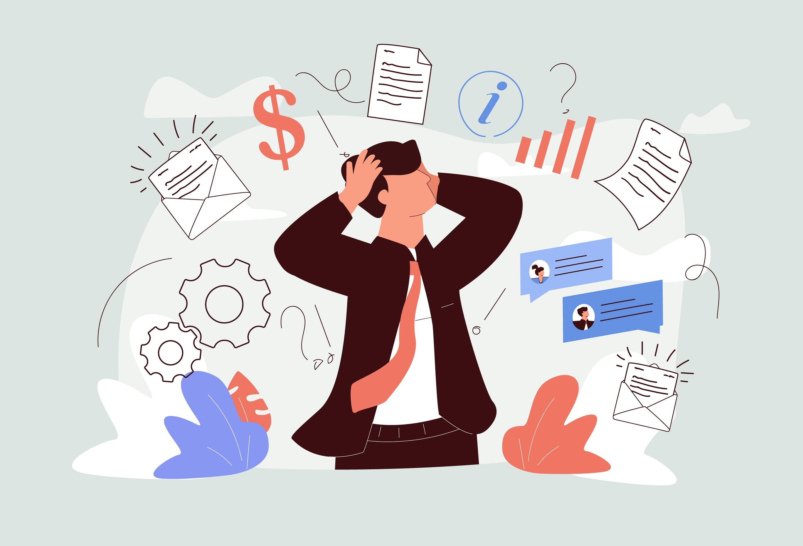 Busy businessman with panic about many duties and tasks.