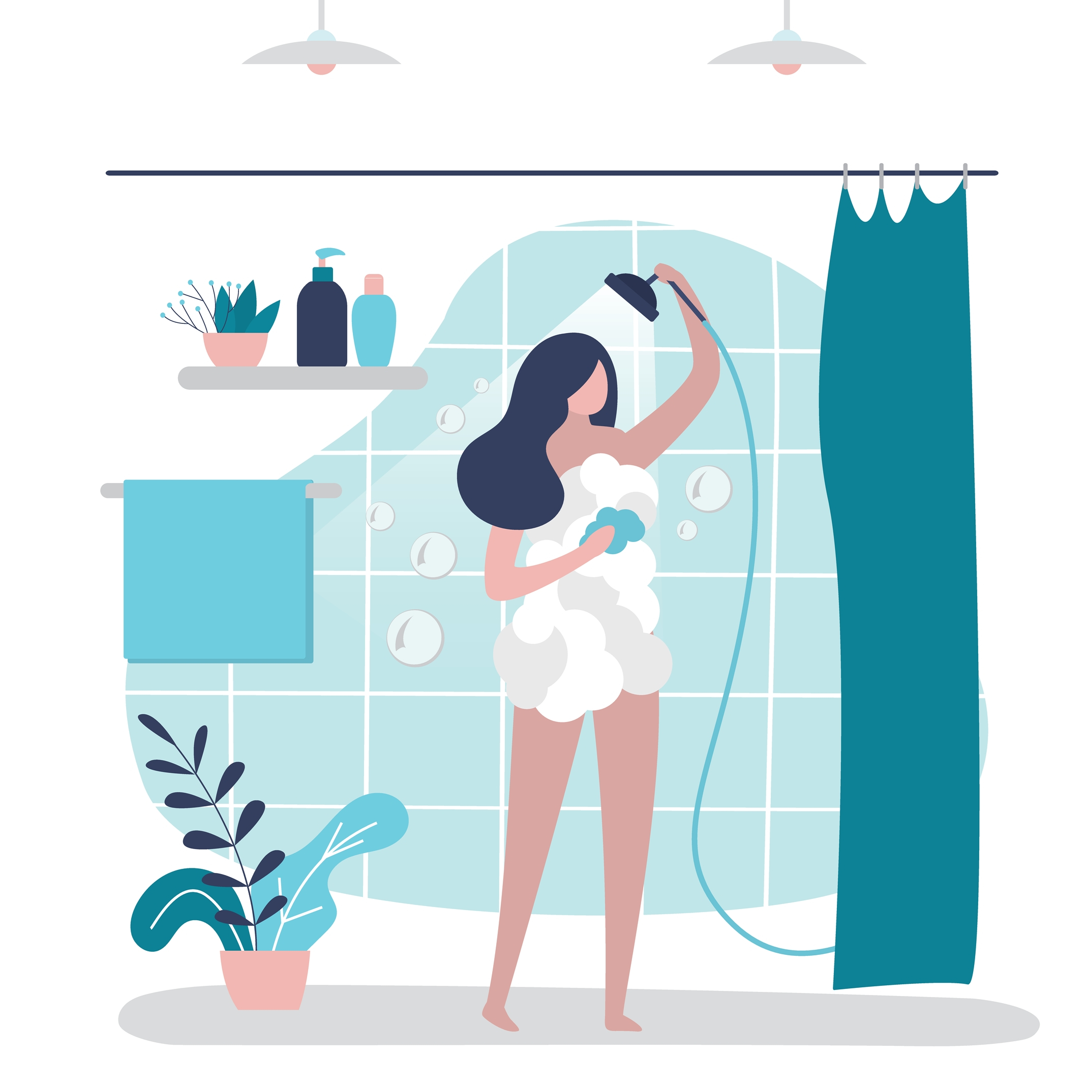 Female character washes in shower. 