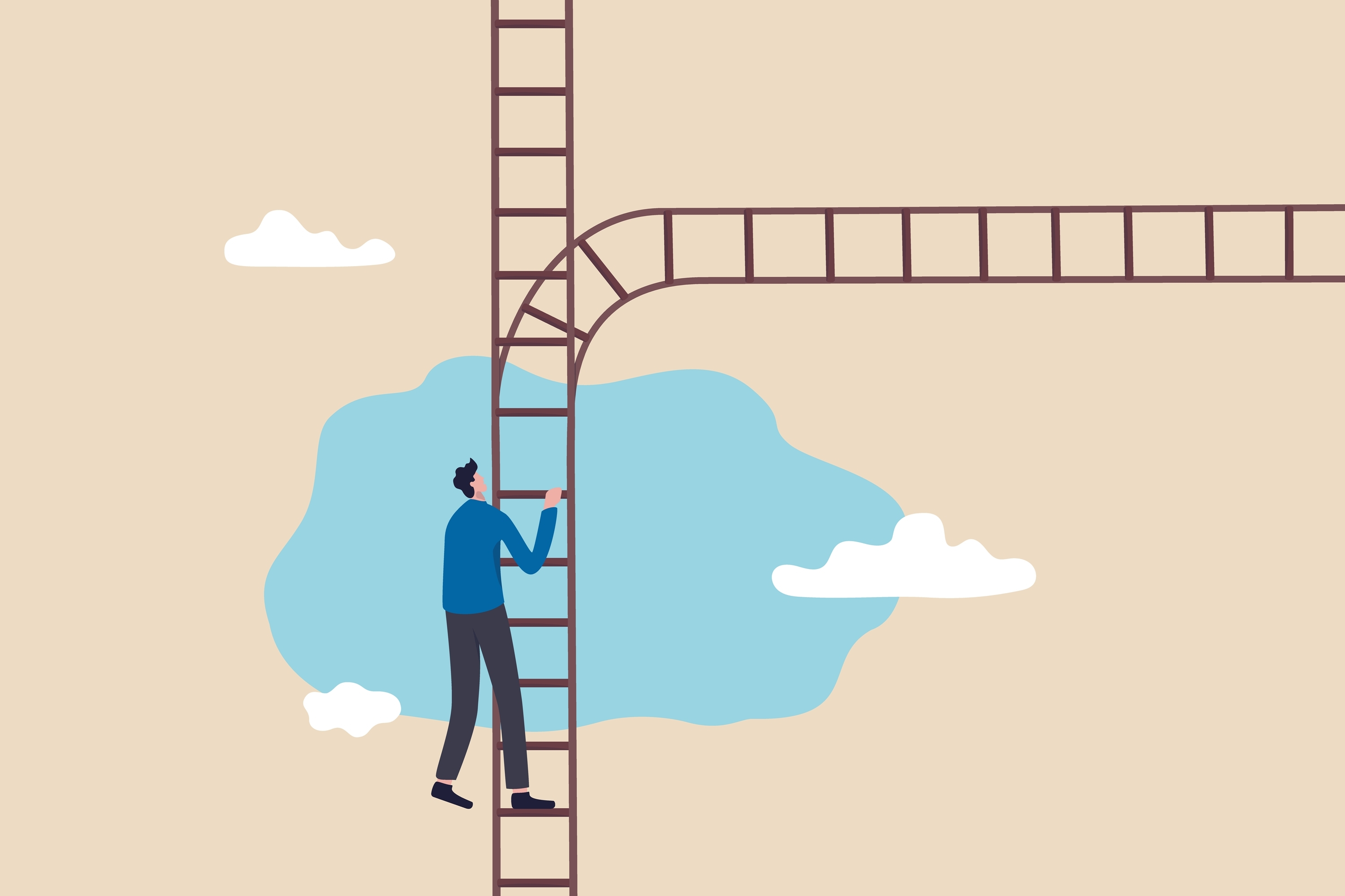 Businessman climbing up ladder taking alternative path.