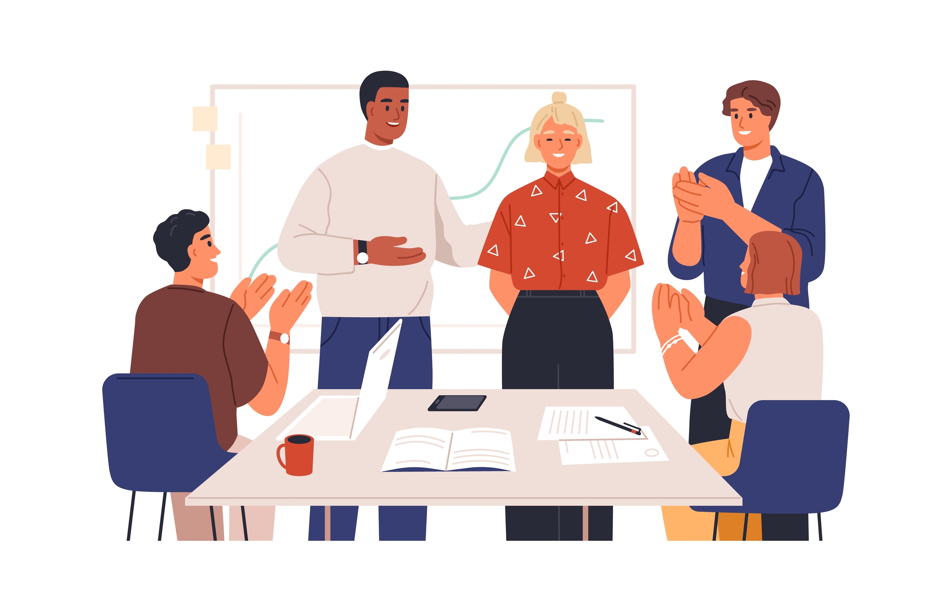 Supervisor and team members praising colleague. 