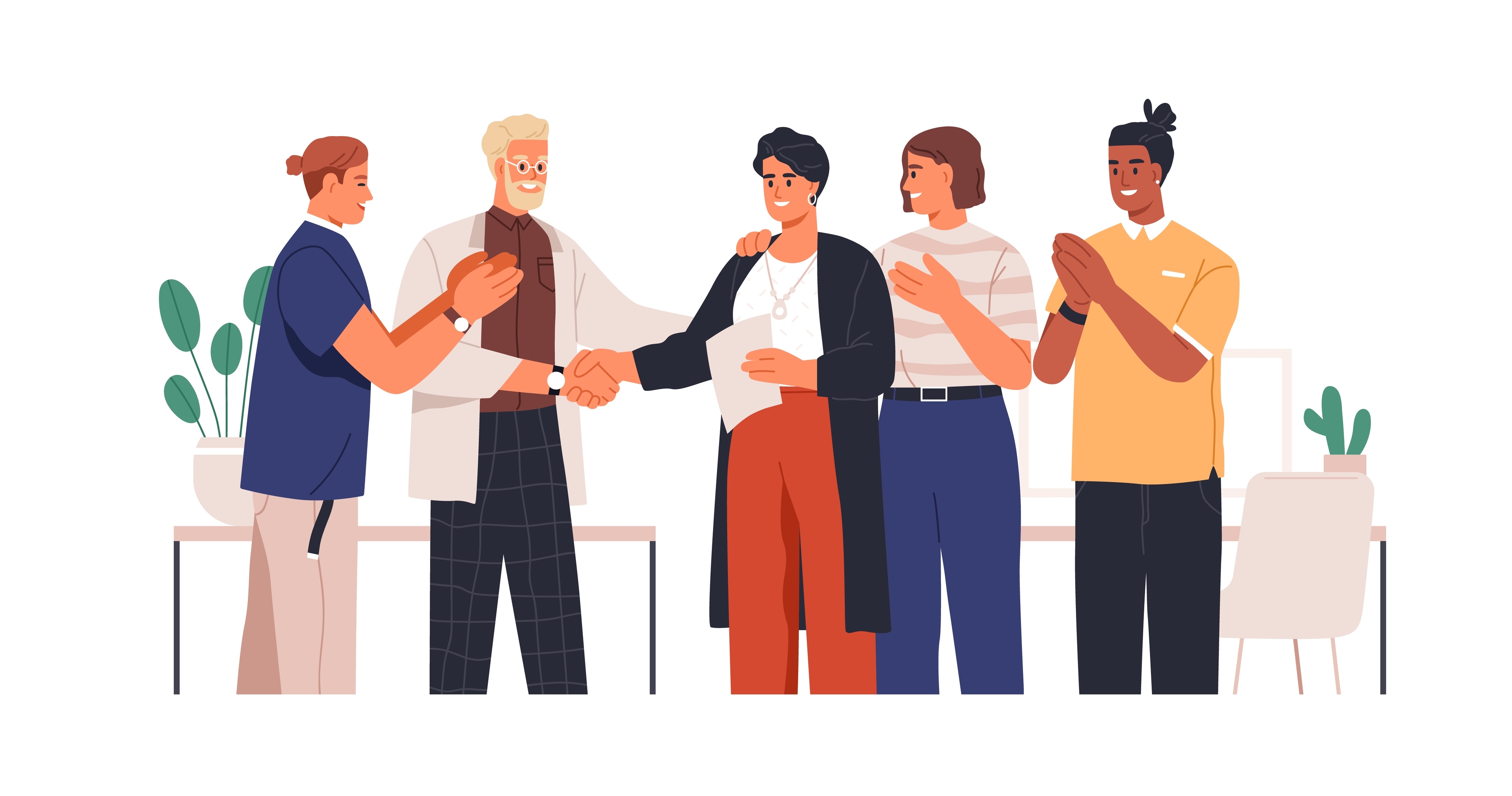 Office team applauding and praising employee for success in business.