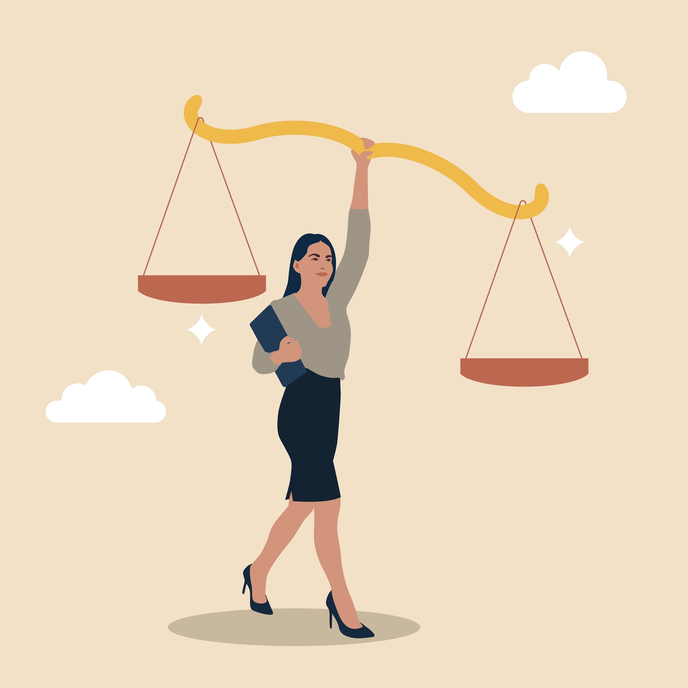 Businesswoman leader lifts balance ethical scale.