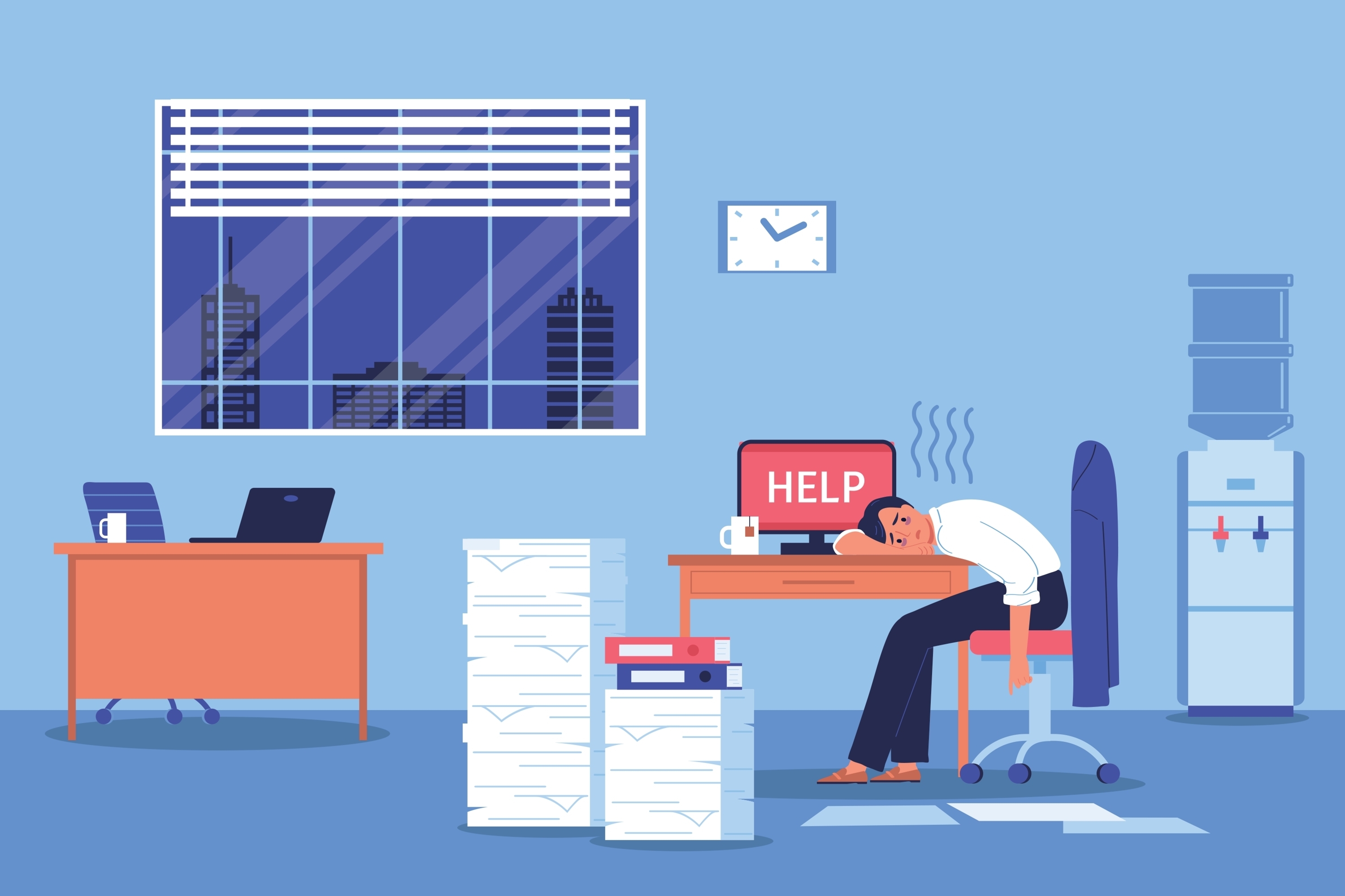 Business stress composition with burned-out women and text help on laptop screen .