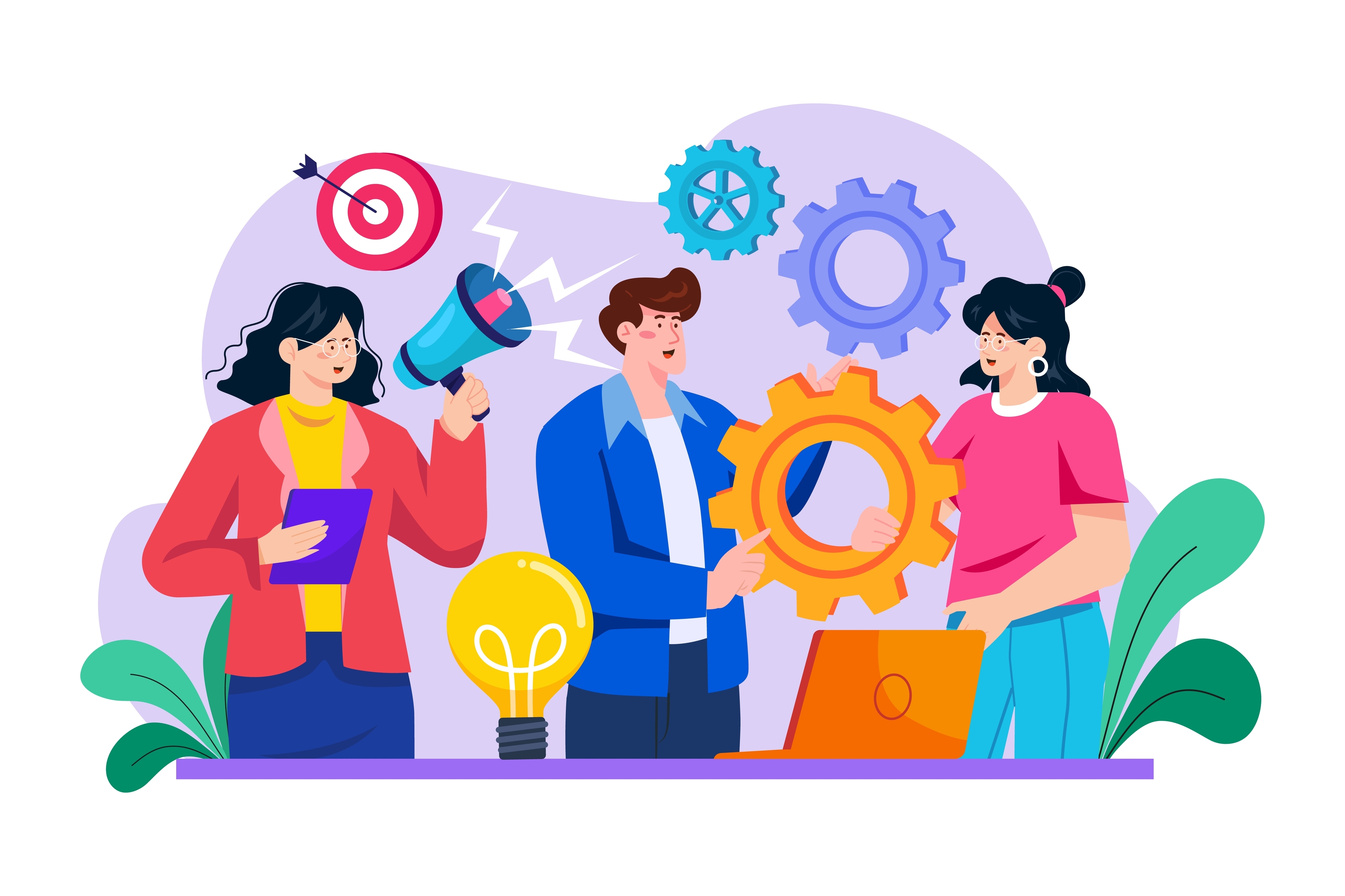 Business team management. Women with megaphone directing two team members.