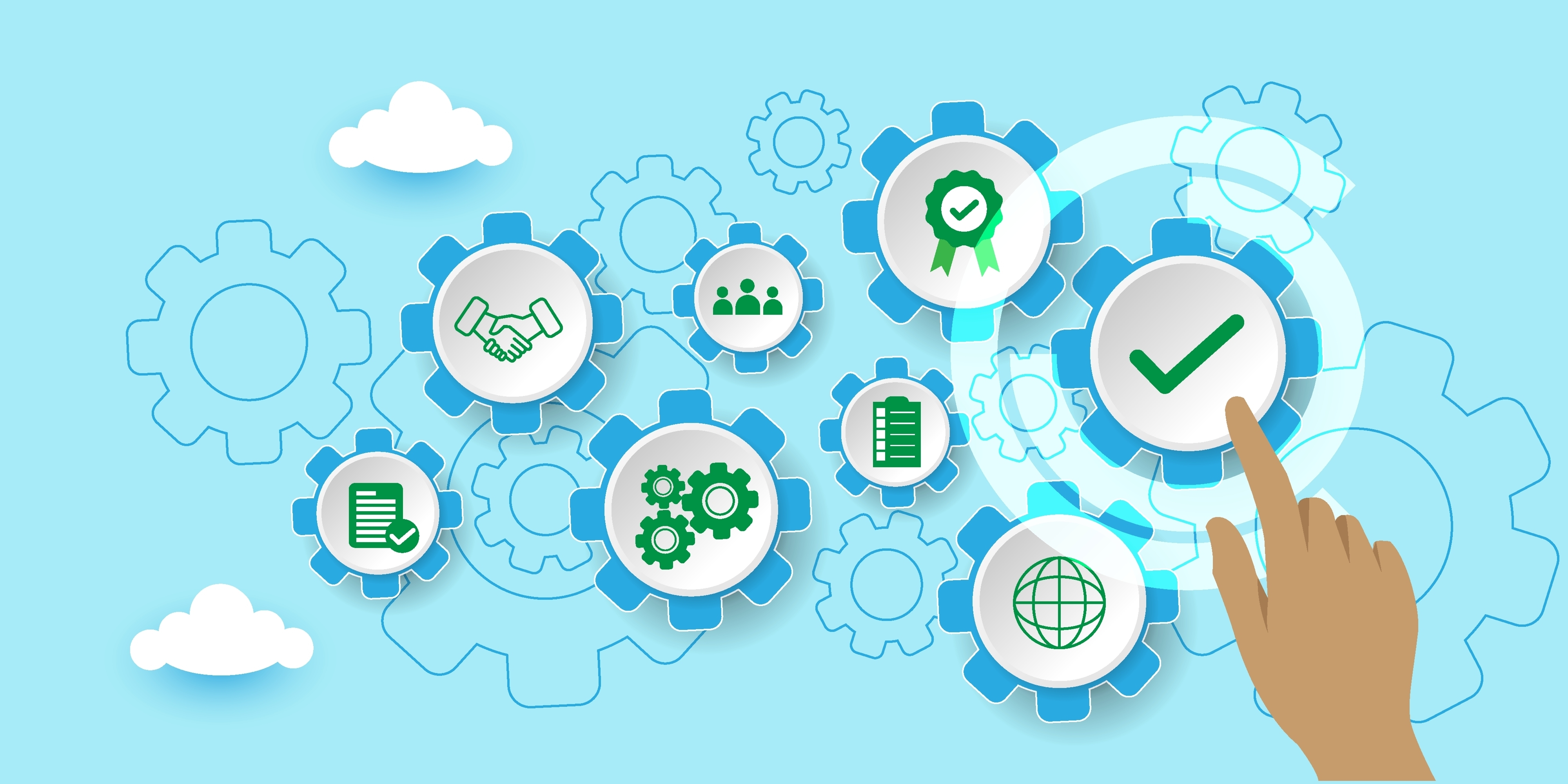 Hand pointing at quality control and improvement concept.