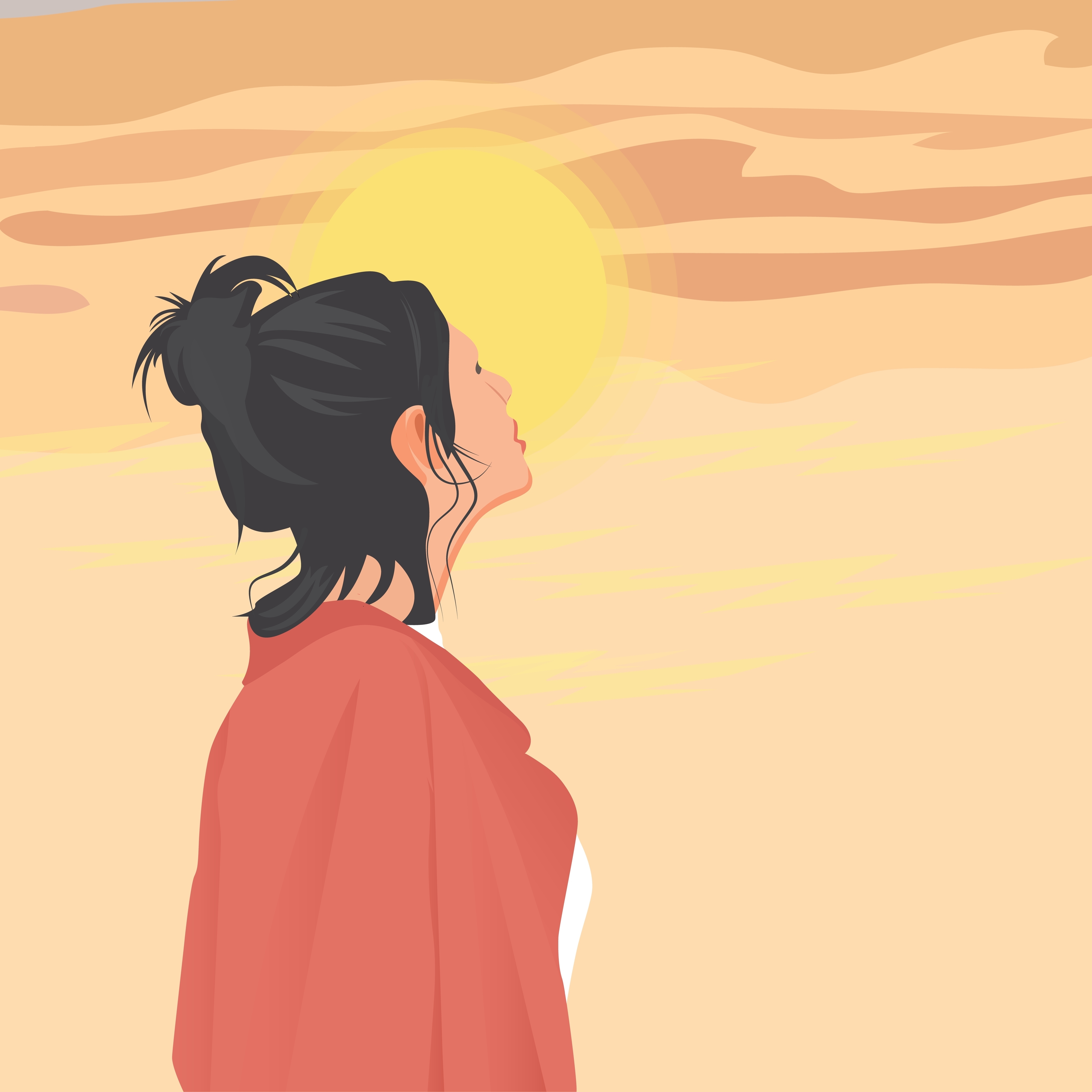 Young woman looking up at the rising sky on the morning of a new day.