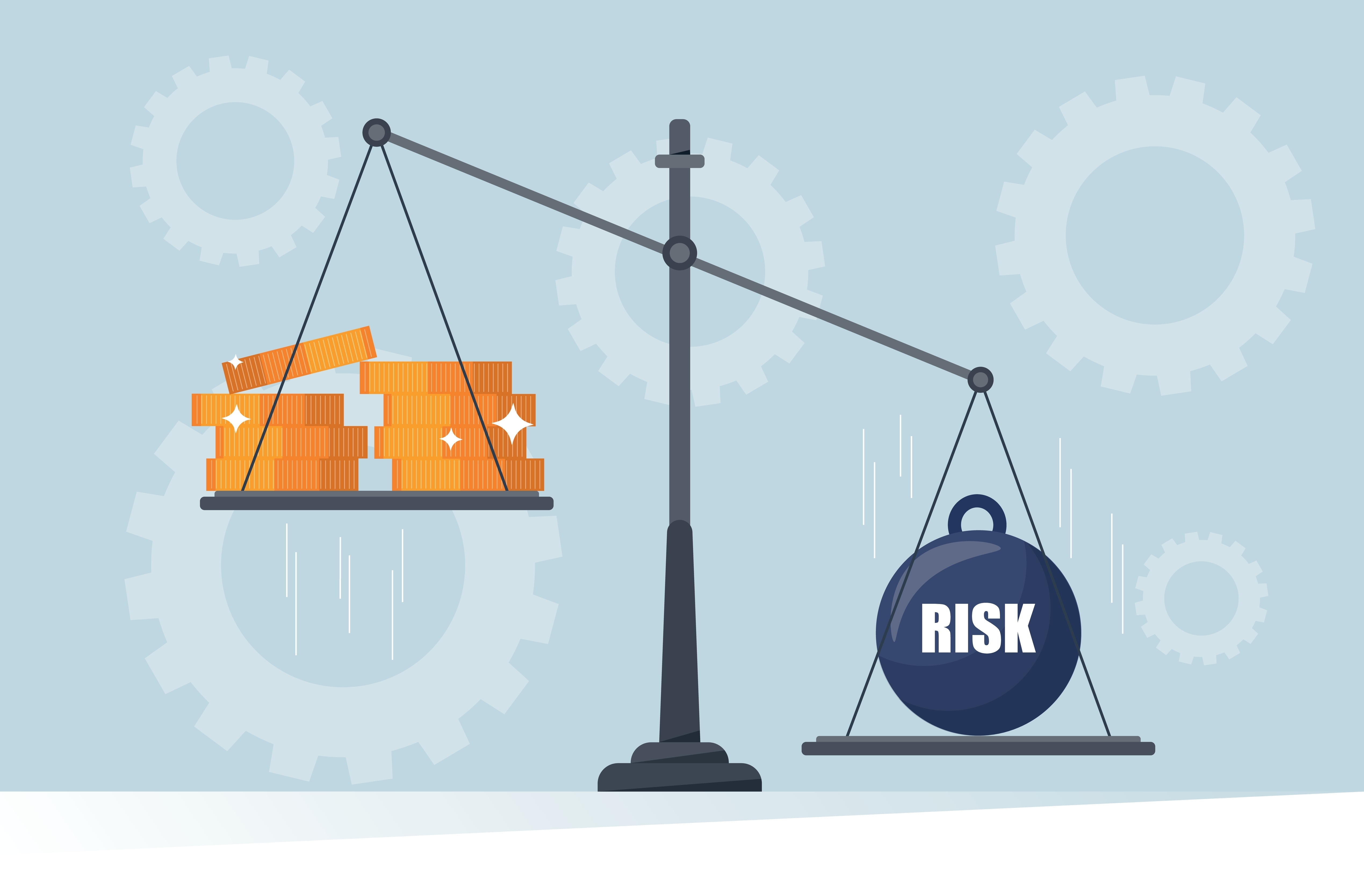 Investment risk concept. Money and weight on scales.