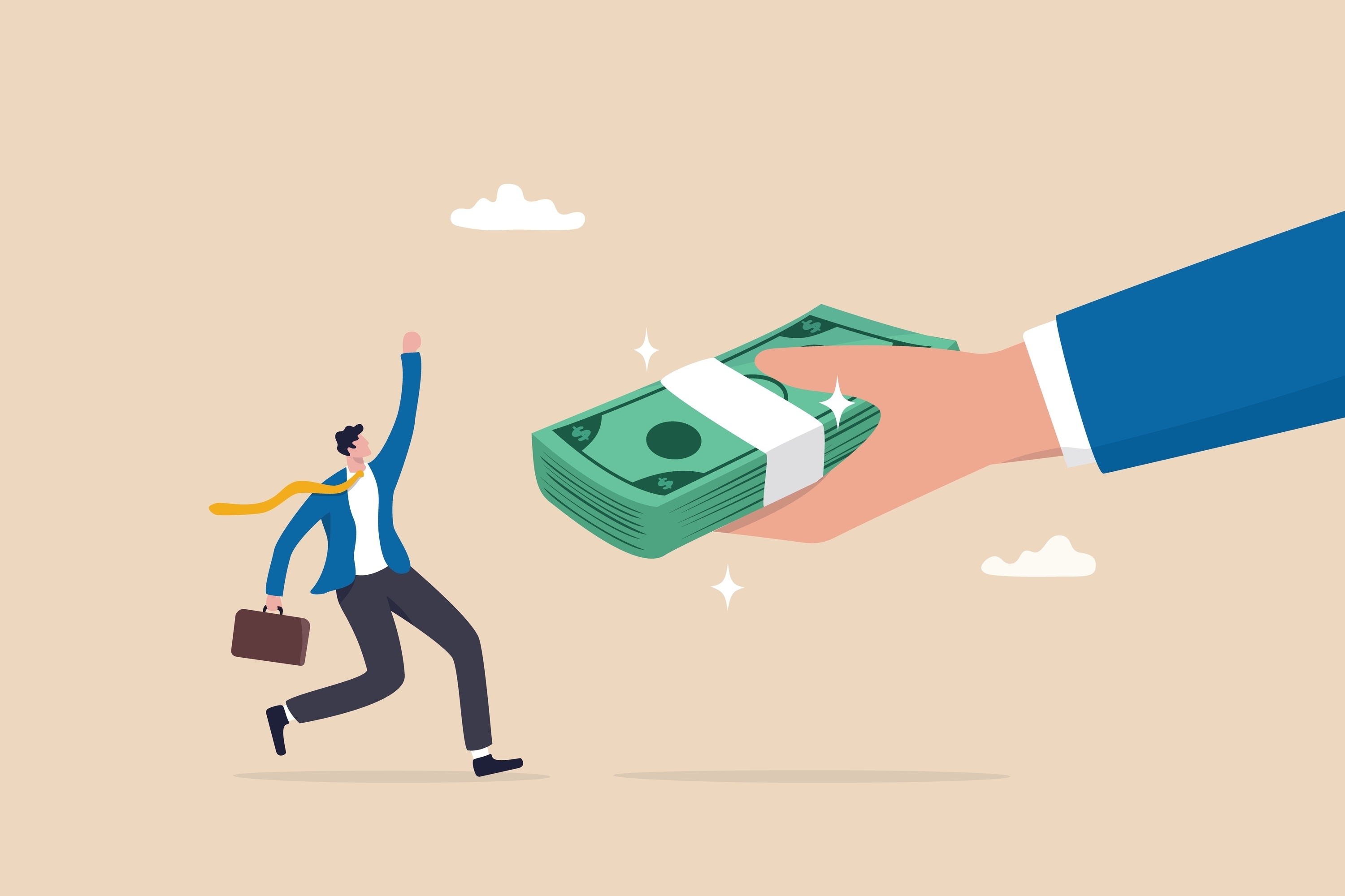 Business man hand giving money to happy employee.