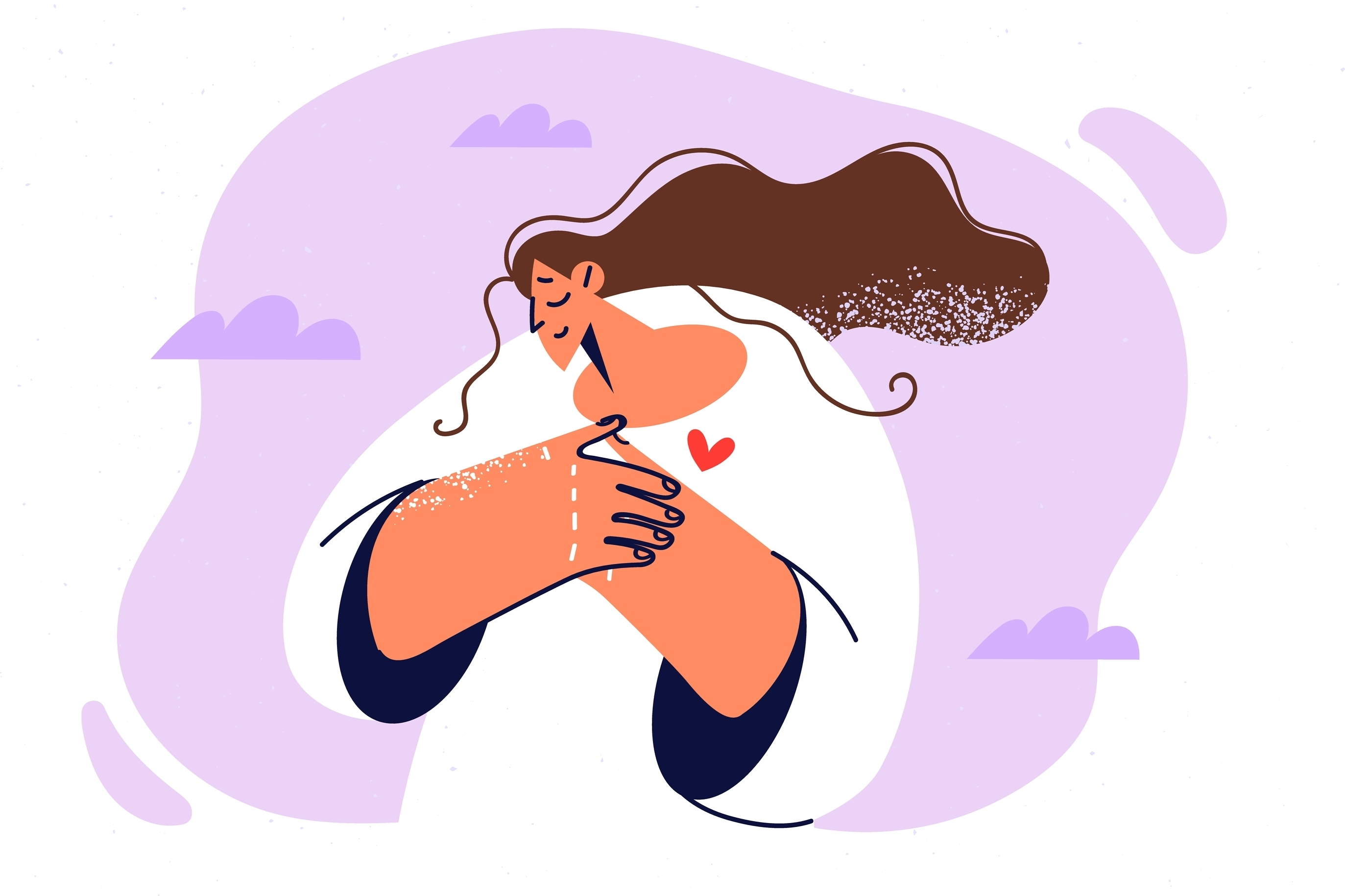 Modest woman with hands on chest.