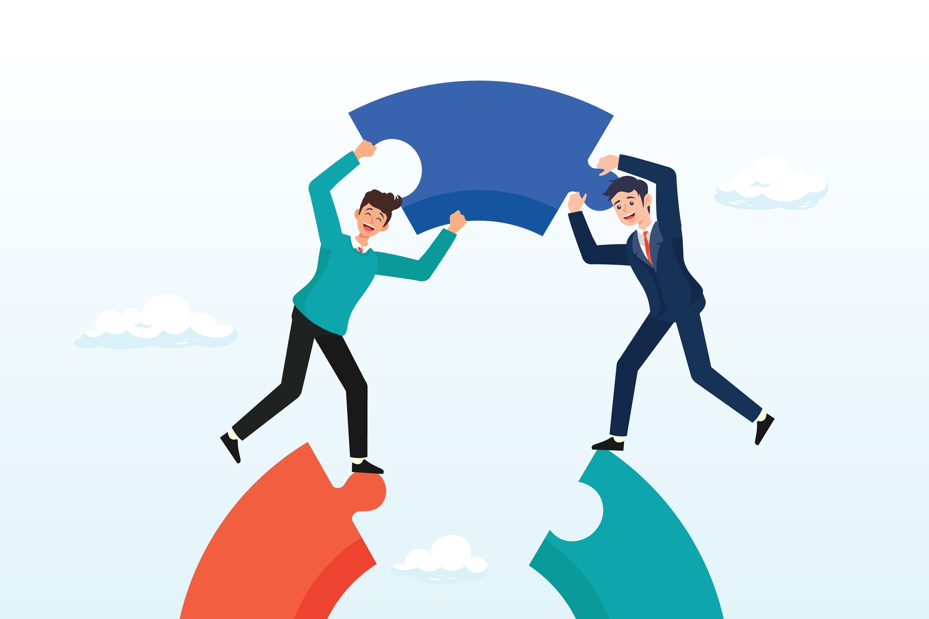 Businessmen working team connect jigsaw puzzle bridge.