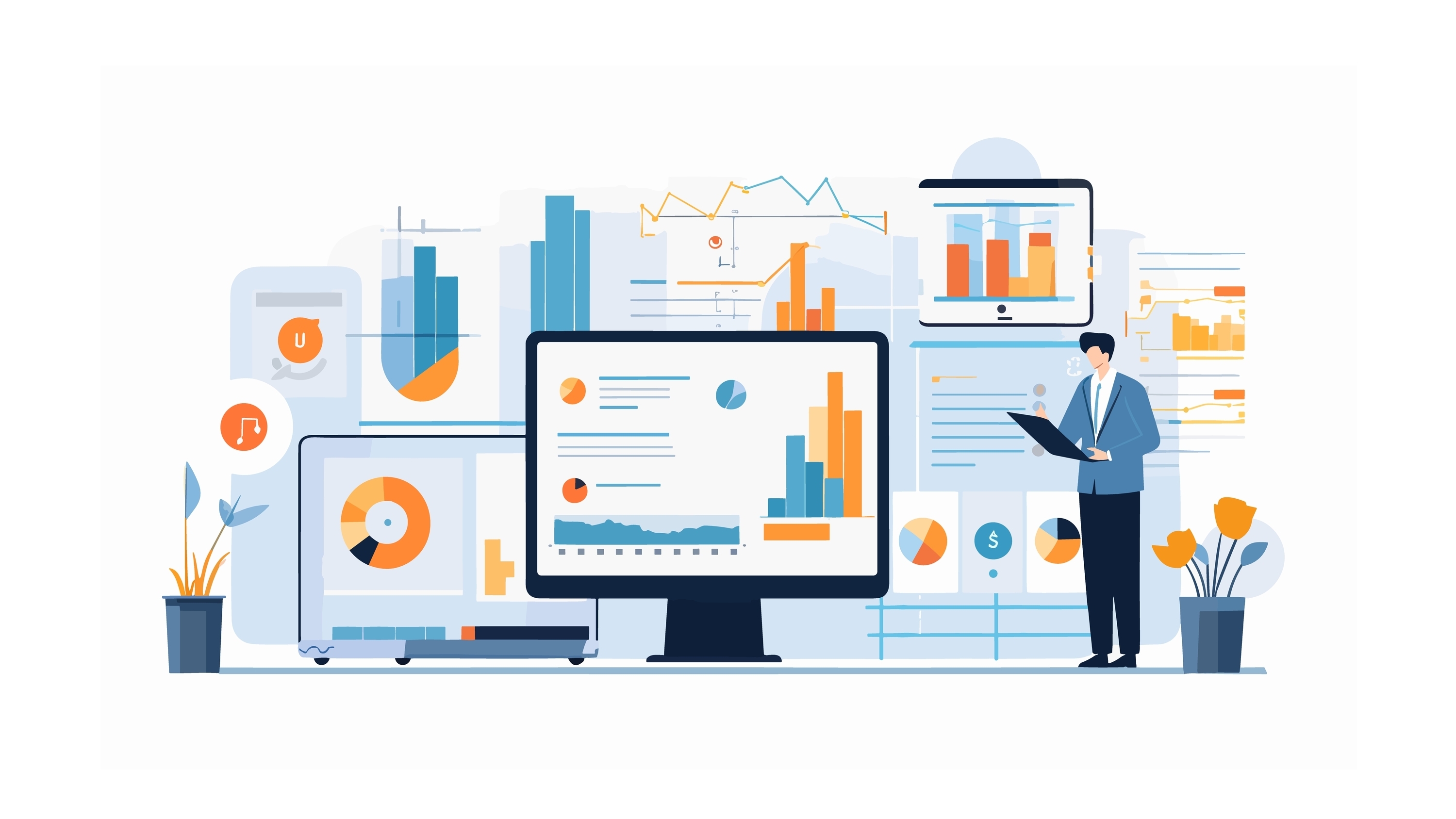 Businessman standing next to data presentation.
