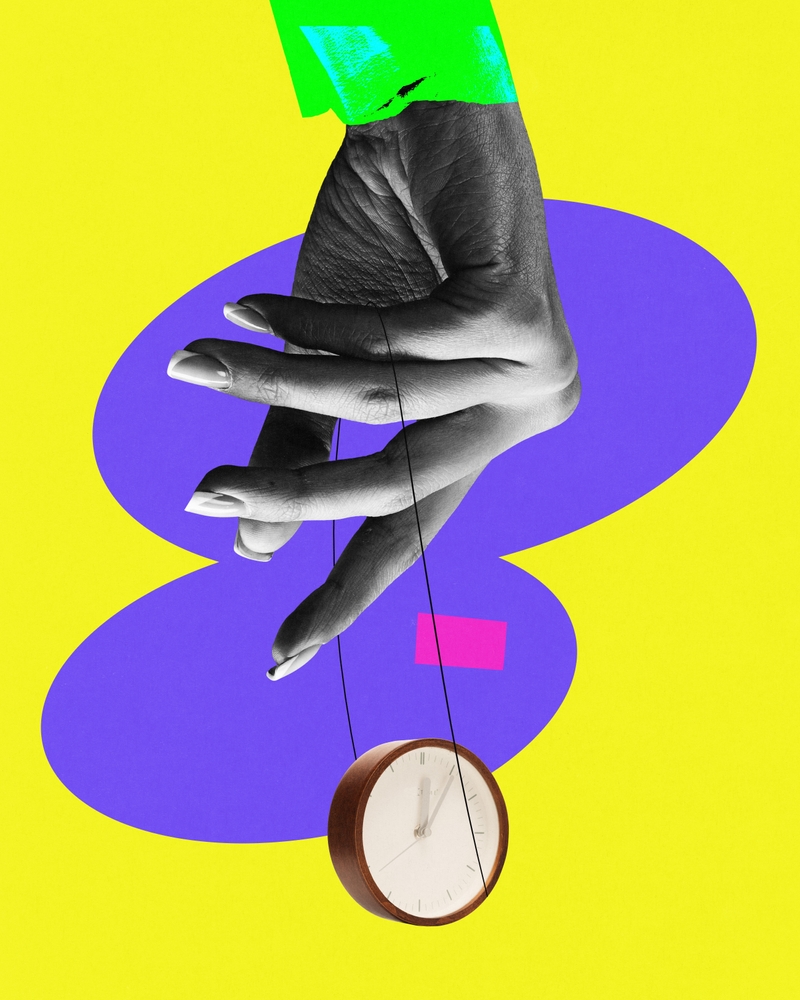 Contemporary art collage of hand holding clock.