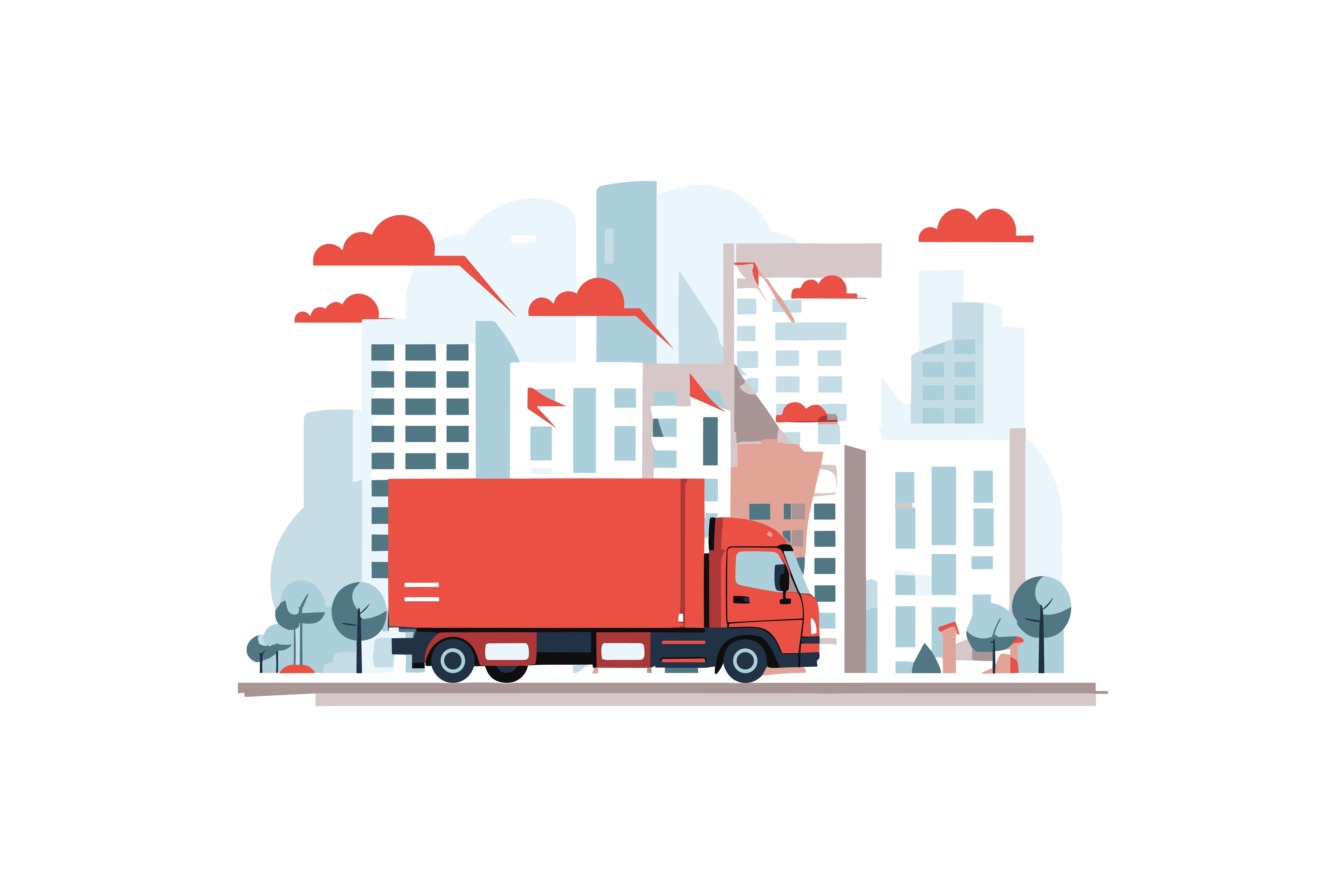 Freight trucks stand on the streets in the middle of the city, surrounded by large buildings.