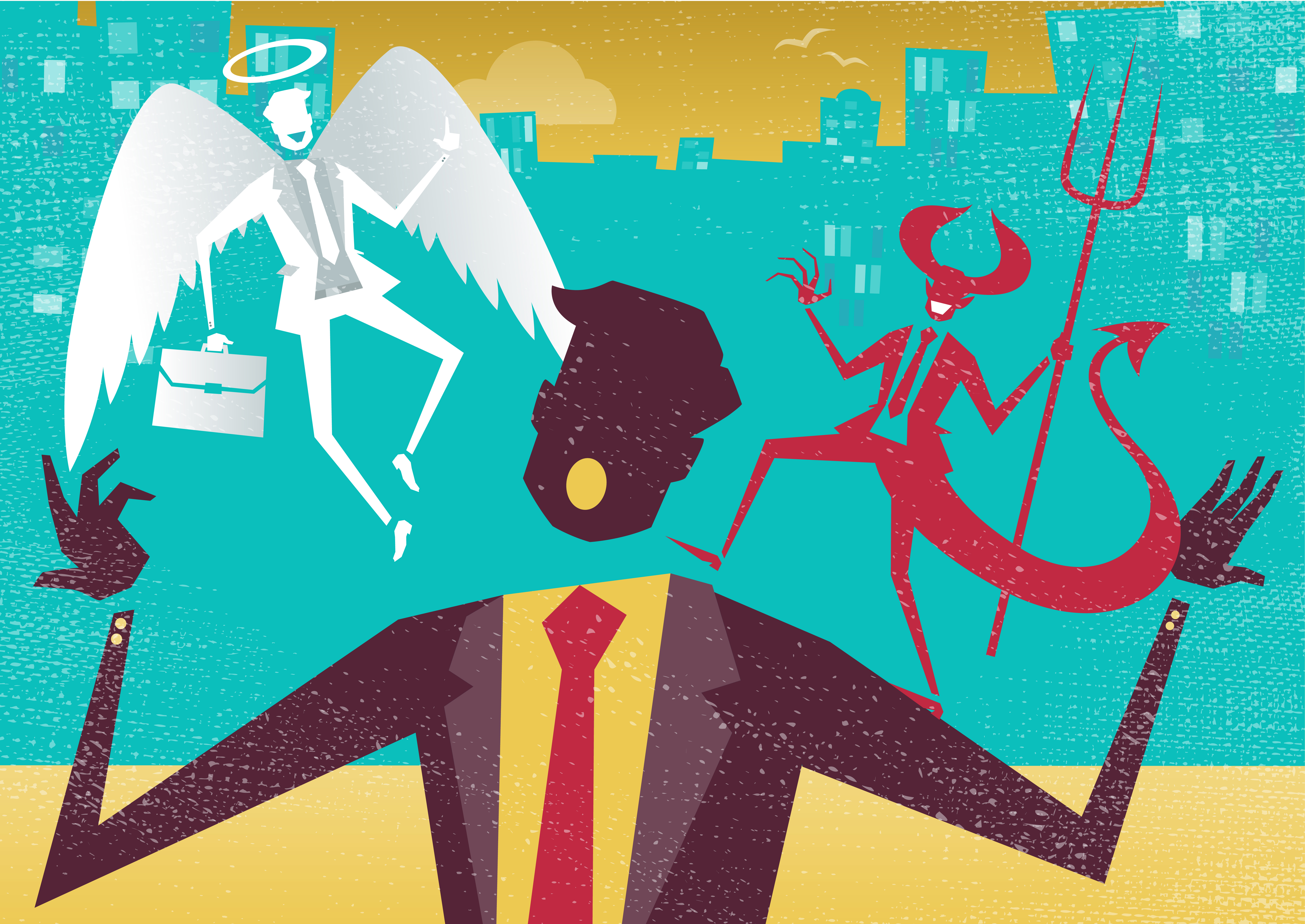 Abstract businessman caught up in a battle of wills with both a devil and an angel helping him to decide.