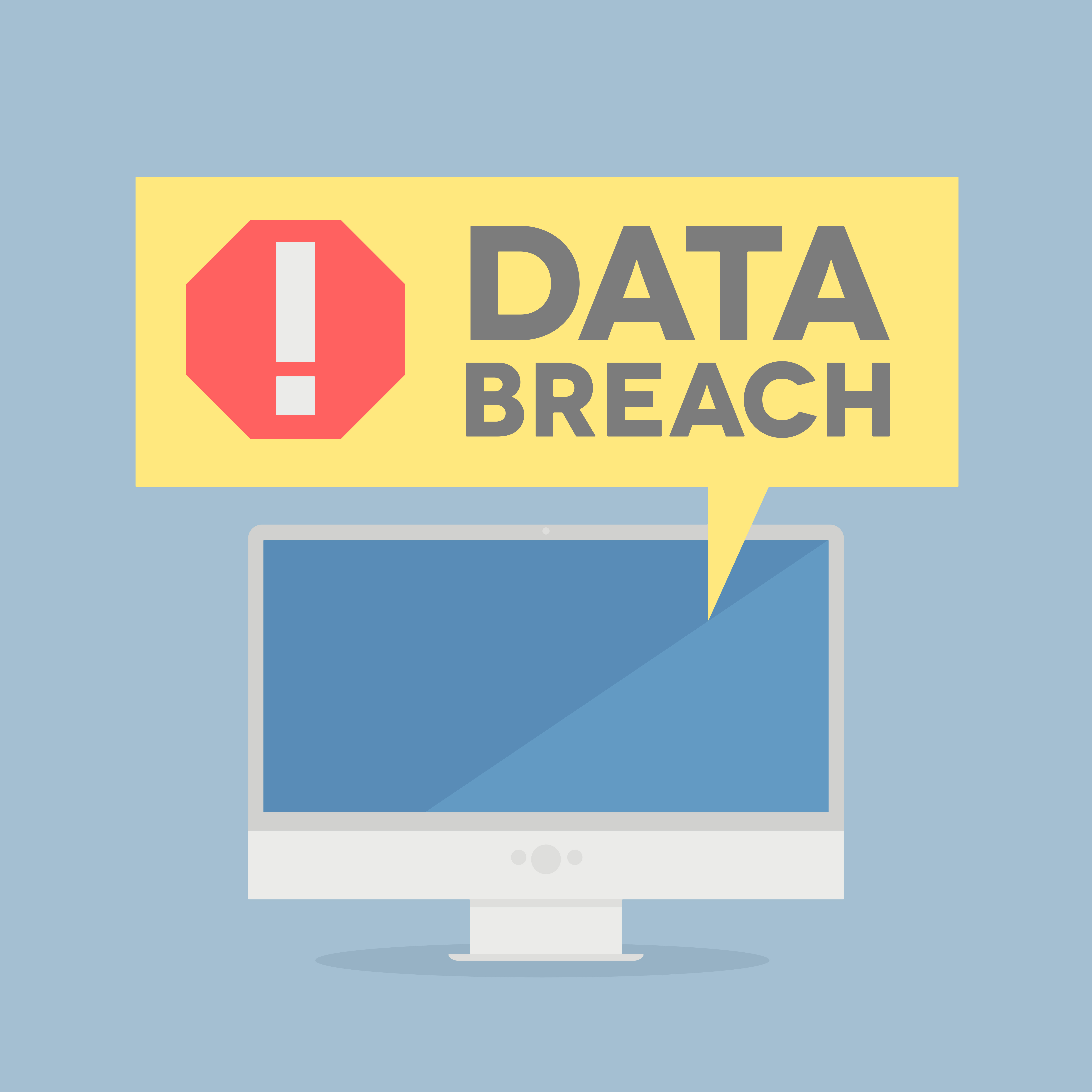 Monitor with a data breach alert speech bubble.