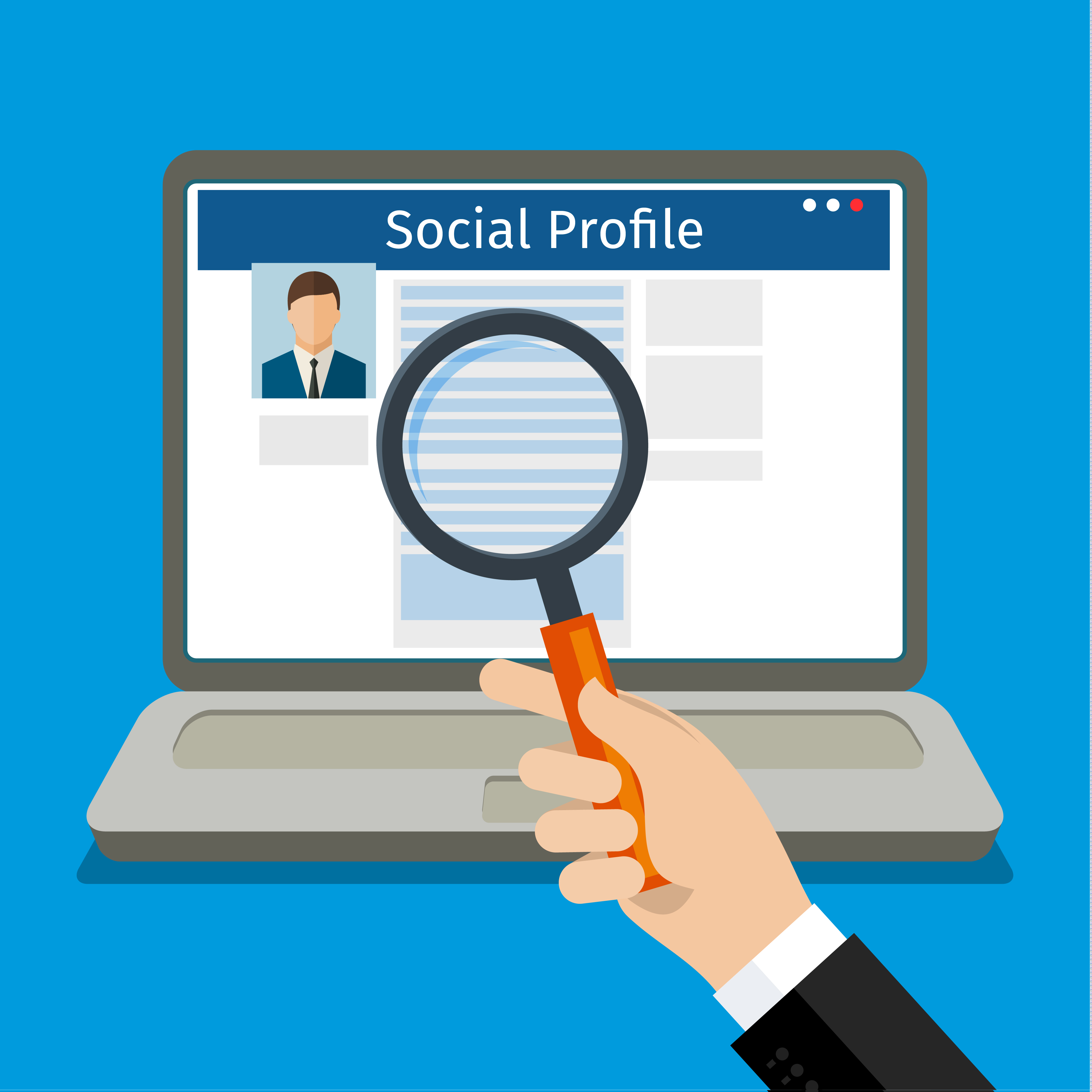 Man in suit using magnifying glass to view social profile on laptop. 