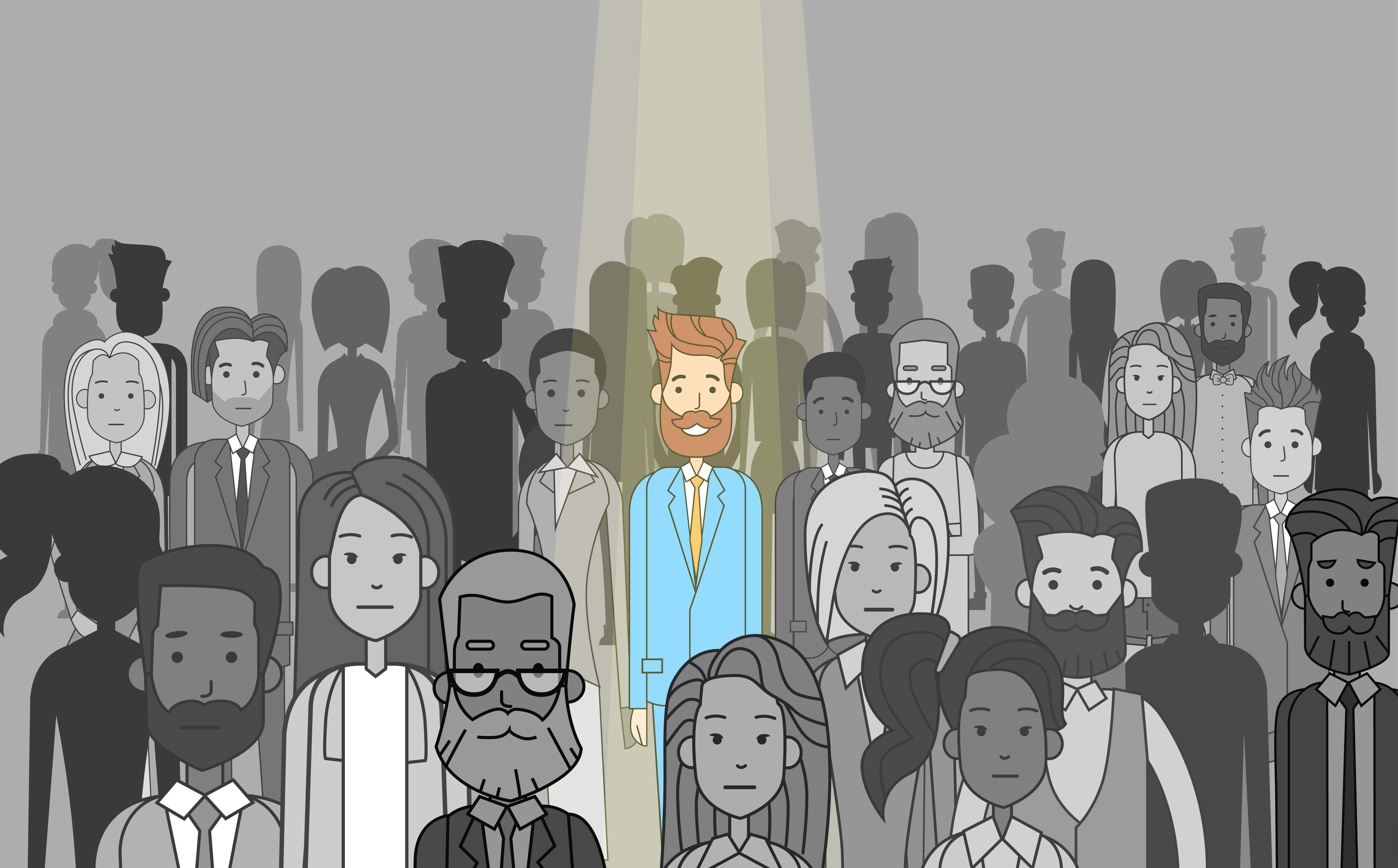 Spotlight shines on businessman in crowd of people.