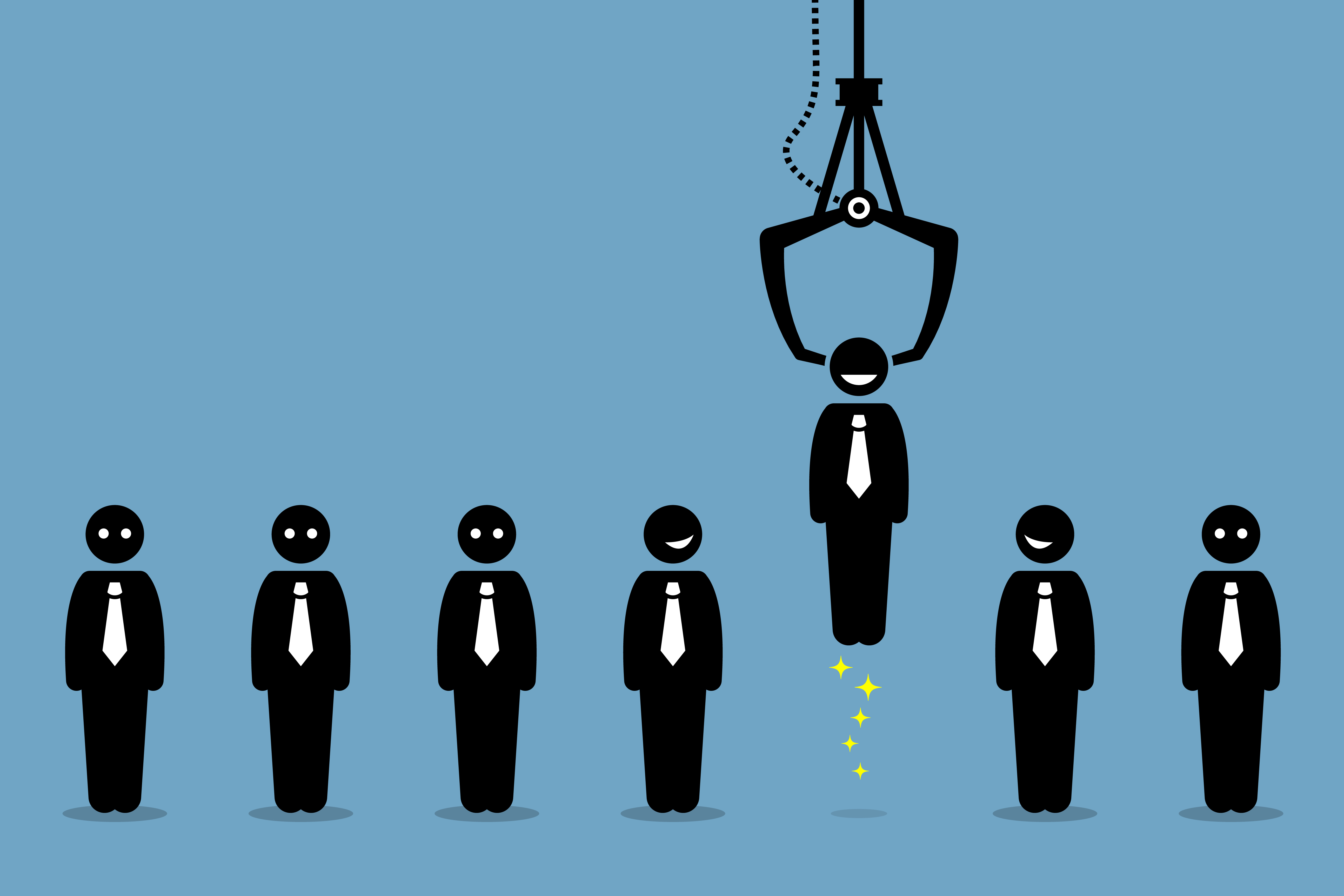 A crane picking up one out of seven candidates.